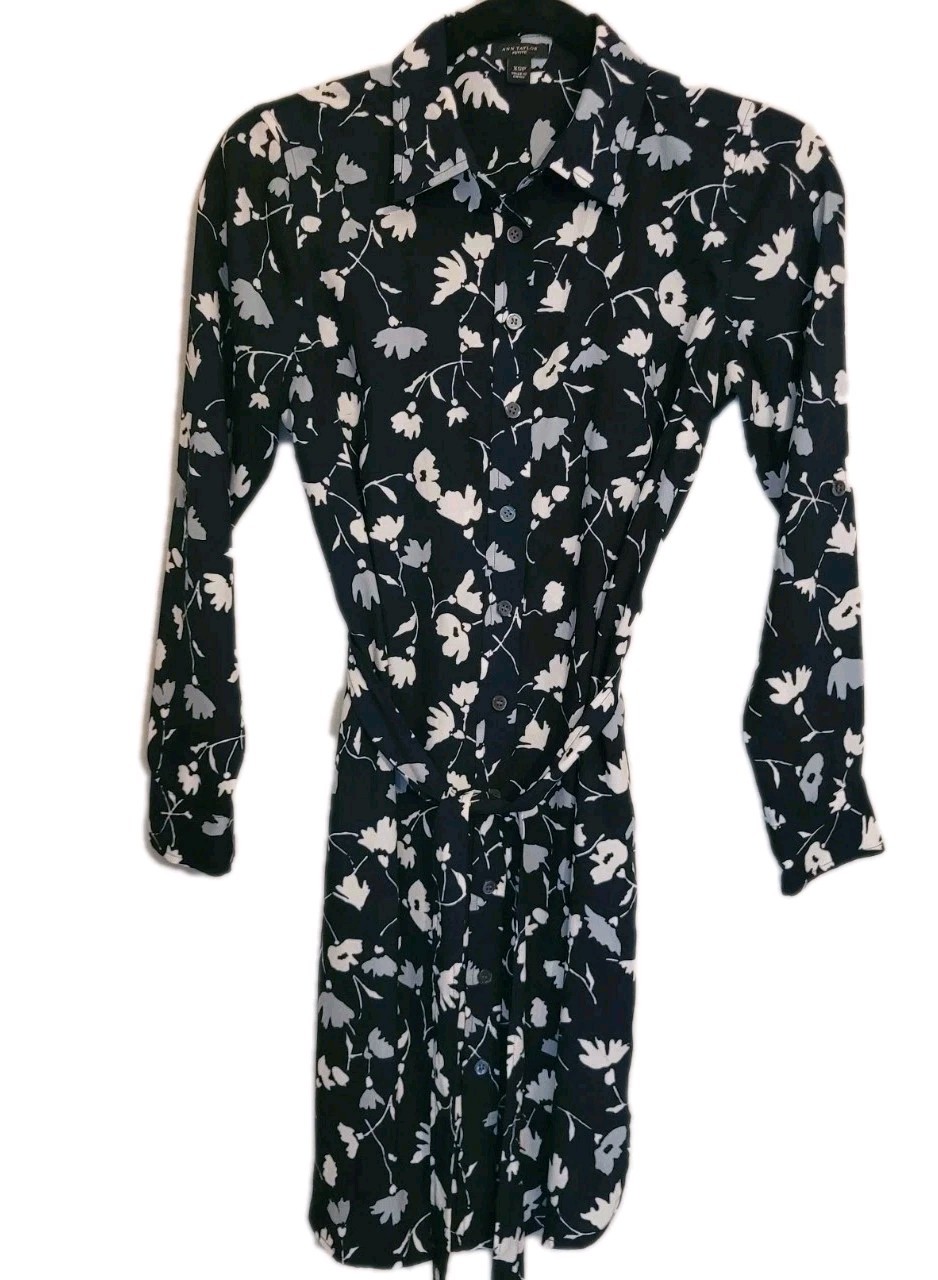 Ann Taylor X SP Black Floral Dress Long Sleeve With Belt