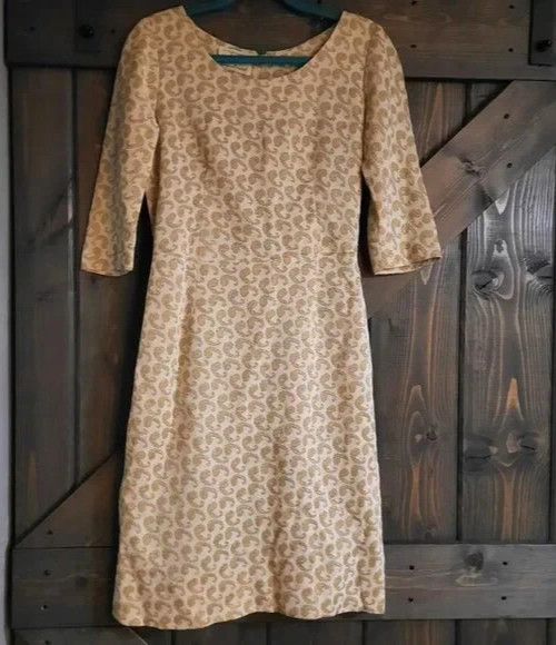 Vintage 1960’s dress Paul Sachs gold 30″ waist semi colon print