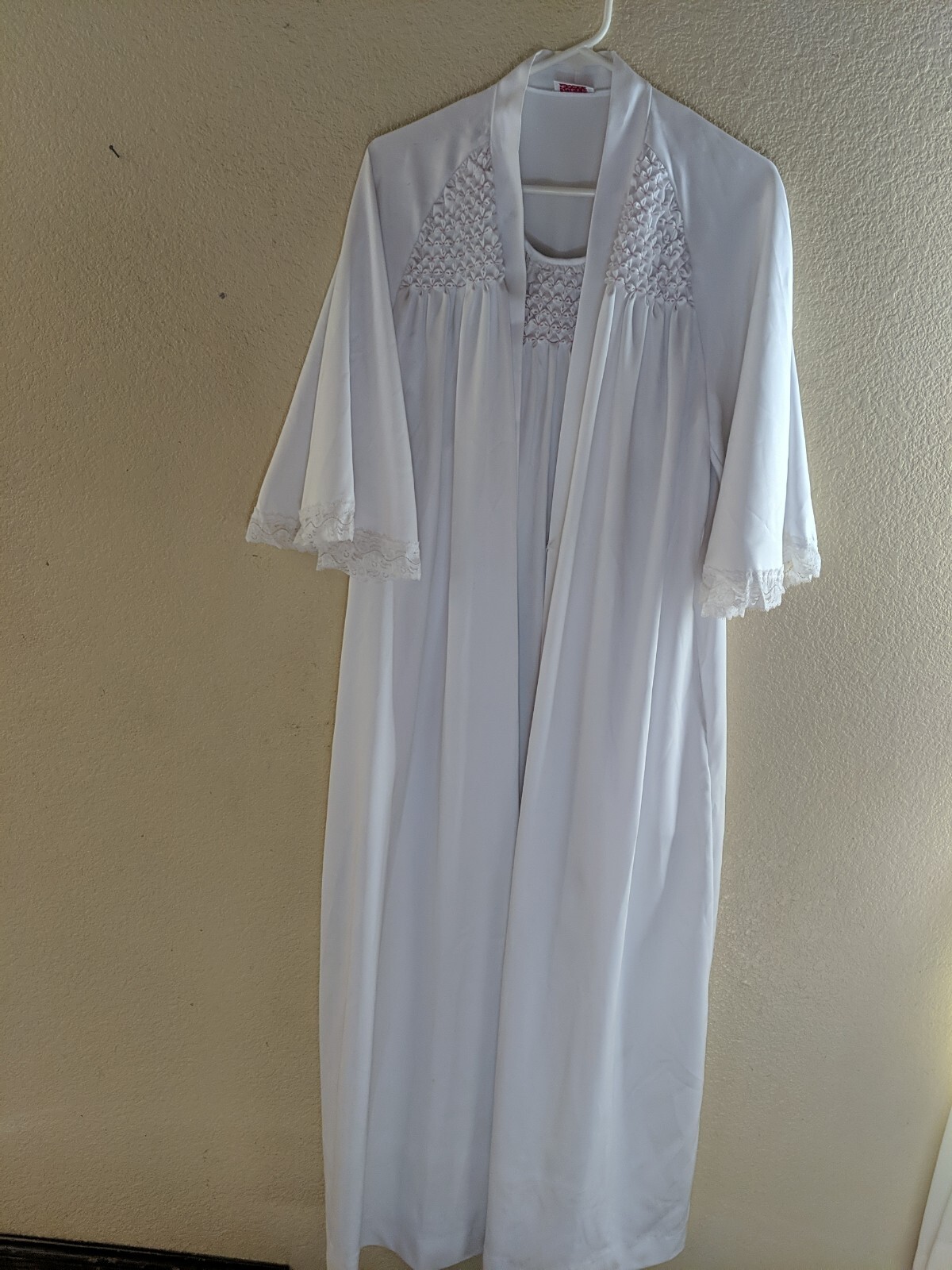 2 Piece Vintage Odette Barsa White Lace Peignoir Robe Gown S M Ankle Length
