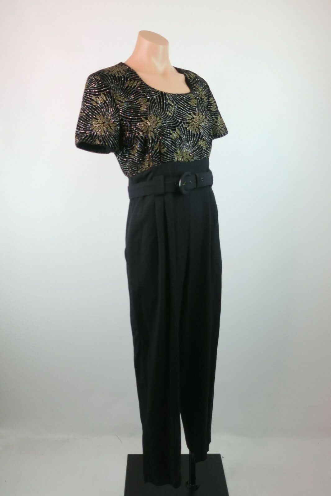 VTG 80s Sexy Glitter Tapered Boho Festival Jumpsuit Metallic Floral Belted sz 6