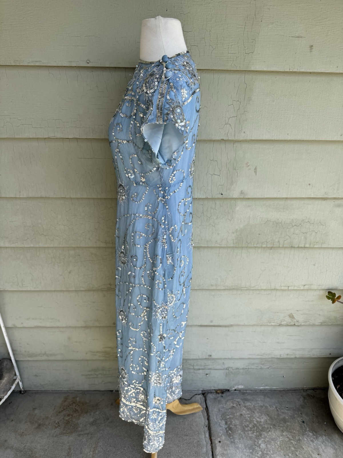 Vtg 60’s Profils Du Monde Beverly Hills Baby Blue Gown Silver Sequins Silk S