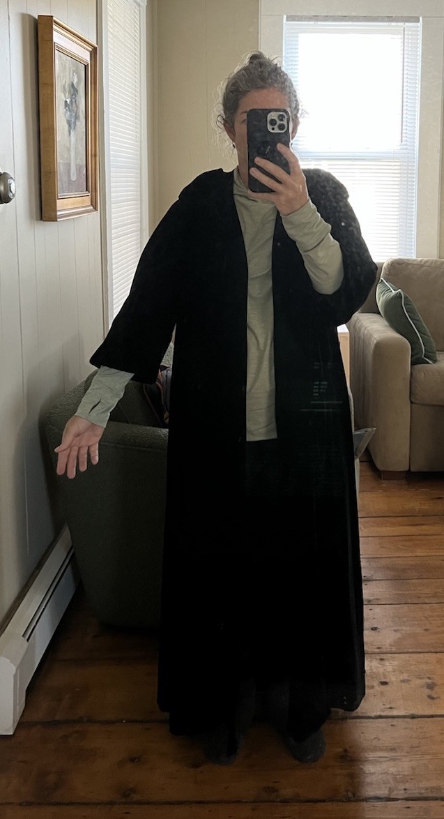 Black Velvet Full Length Opera Cape Open Robe, 3/4 Sleeve, Satin Lined, SM/MD