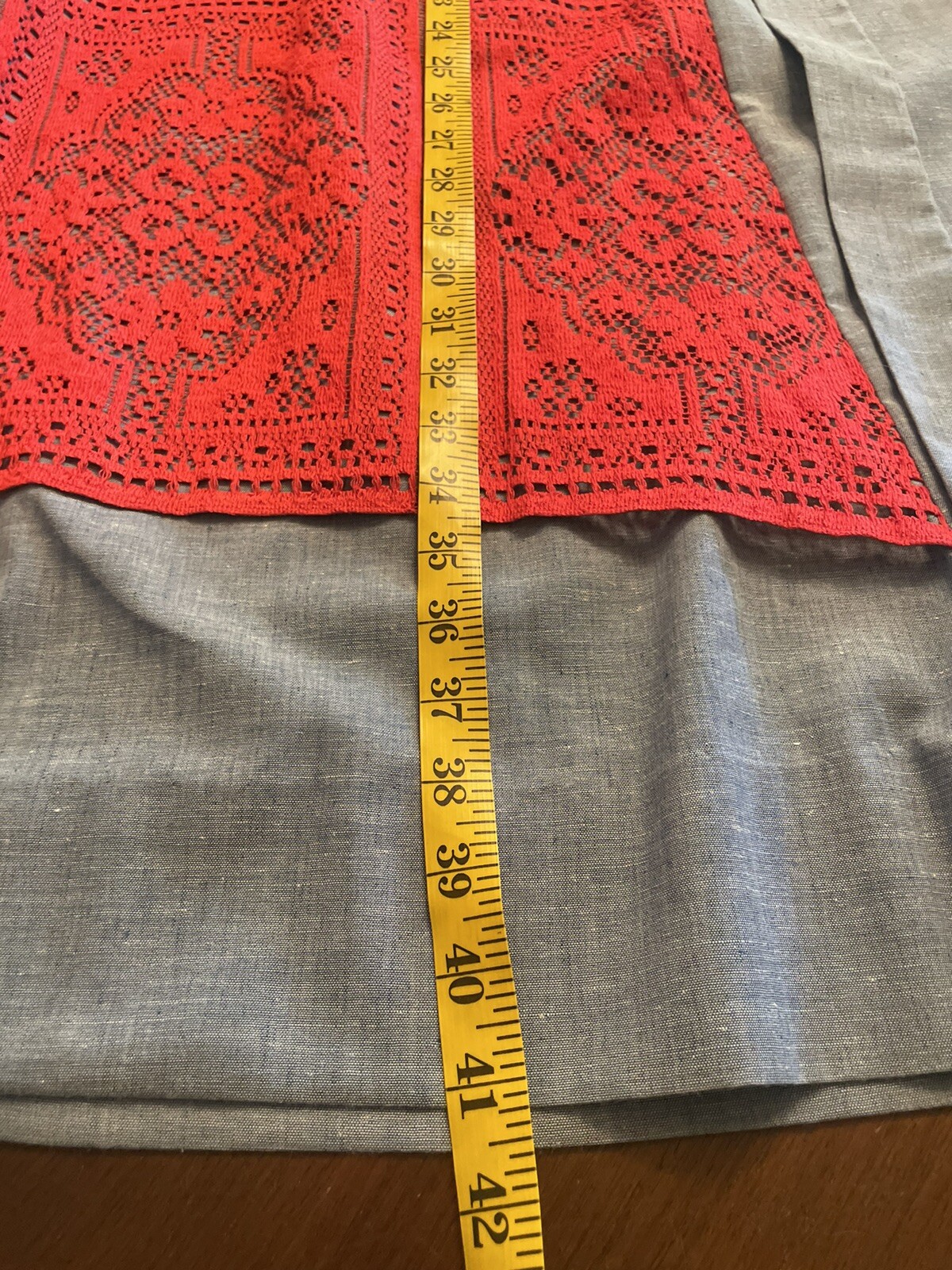 VINTAGE Joy Stevens CA boho maxi dress Blue Red Pinafore Lace Crochet Puff 3/4