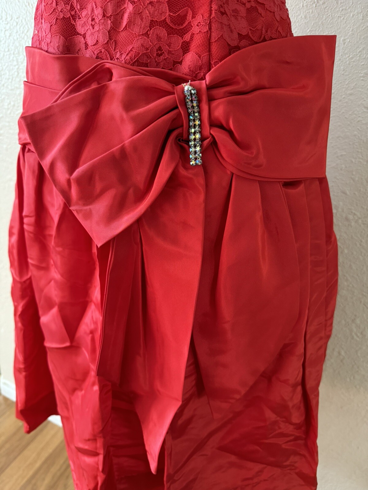 Vintage 80’s Red Lace Prom Dress Lydia Beetlejuice Size M Bow Rhinestone