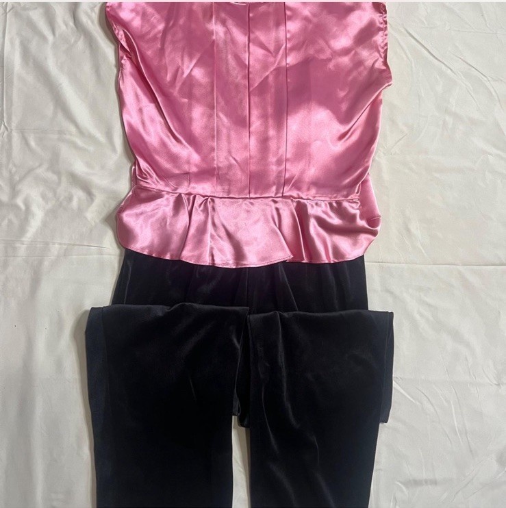 Vintage Impromptu Jumpsuit Pink Sateen And Black Velvet Size 9/10 Made In USA