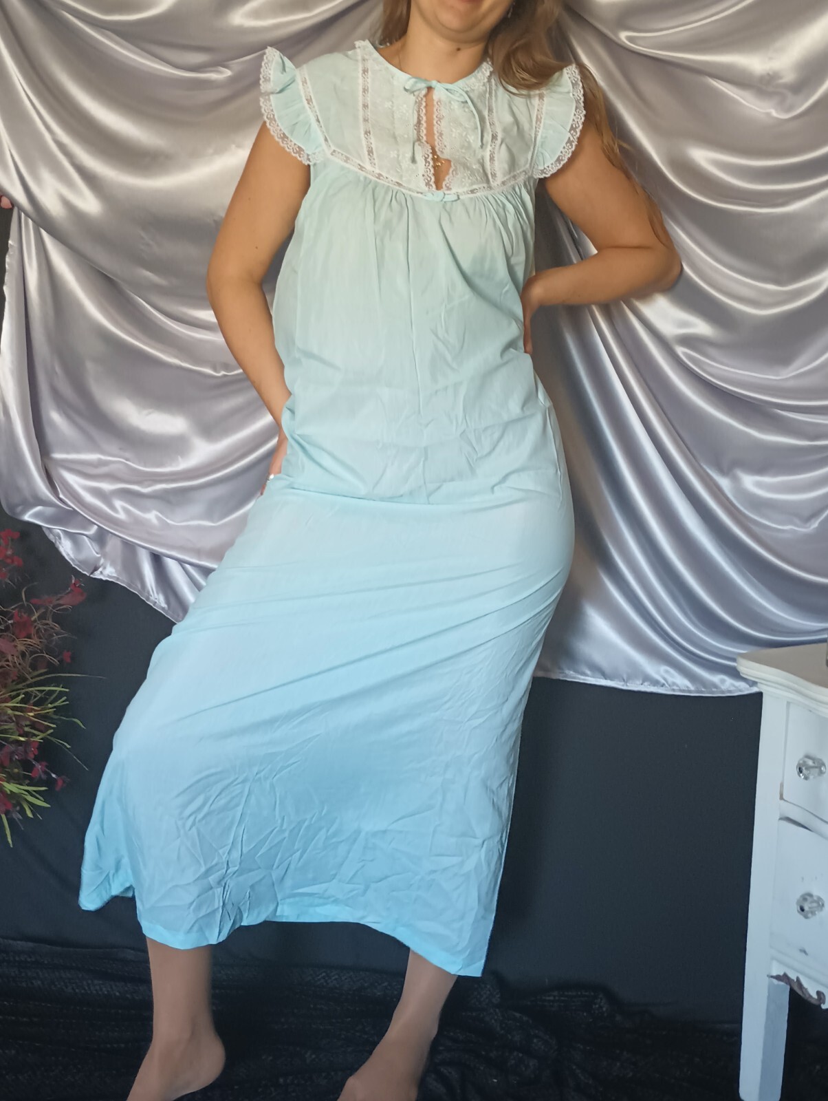 VTG Baby Blue Coquette Organic Cotton Lace Flutter Nightgown Cottagecore NWT 42