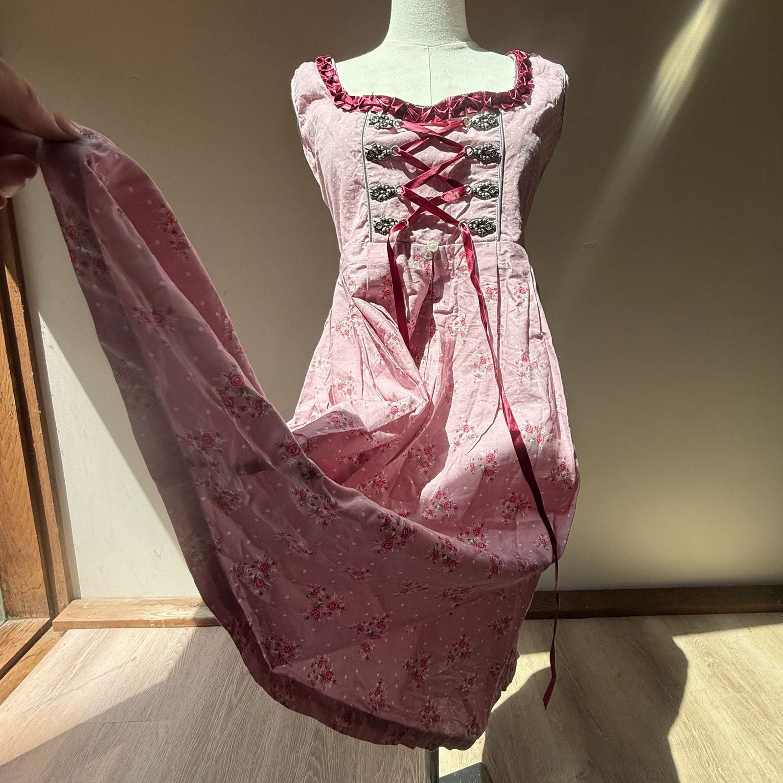 Vintage Pink Floral Polka Dot Traditional Dirndl Dress
