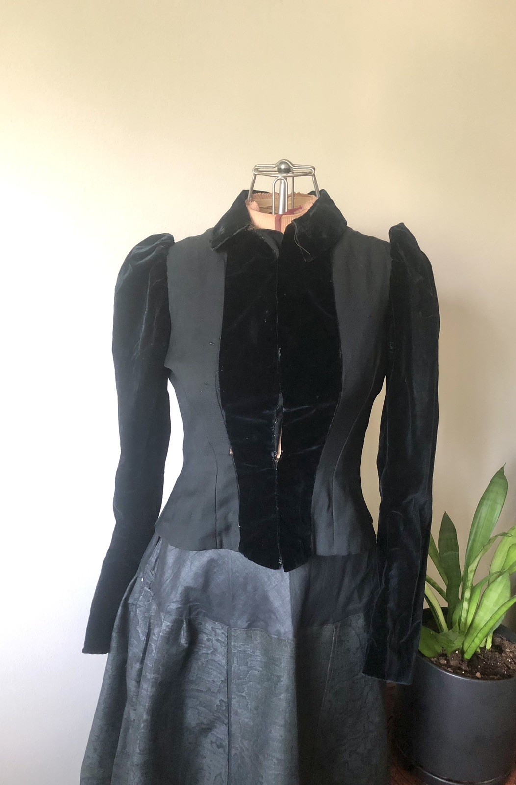 Black Wool & Velvet Edwardian Bodice, XS