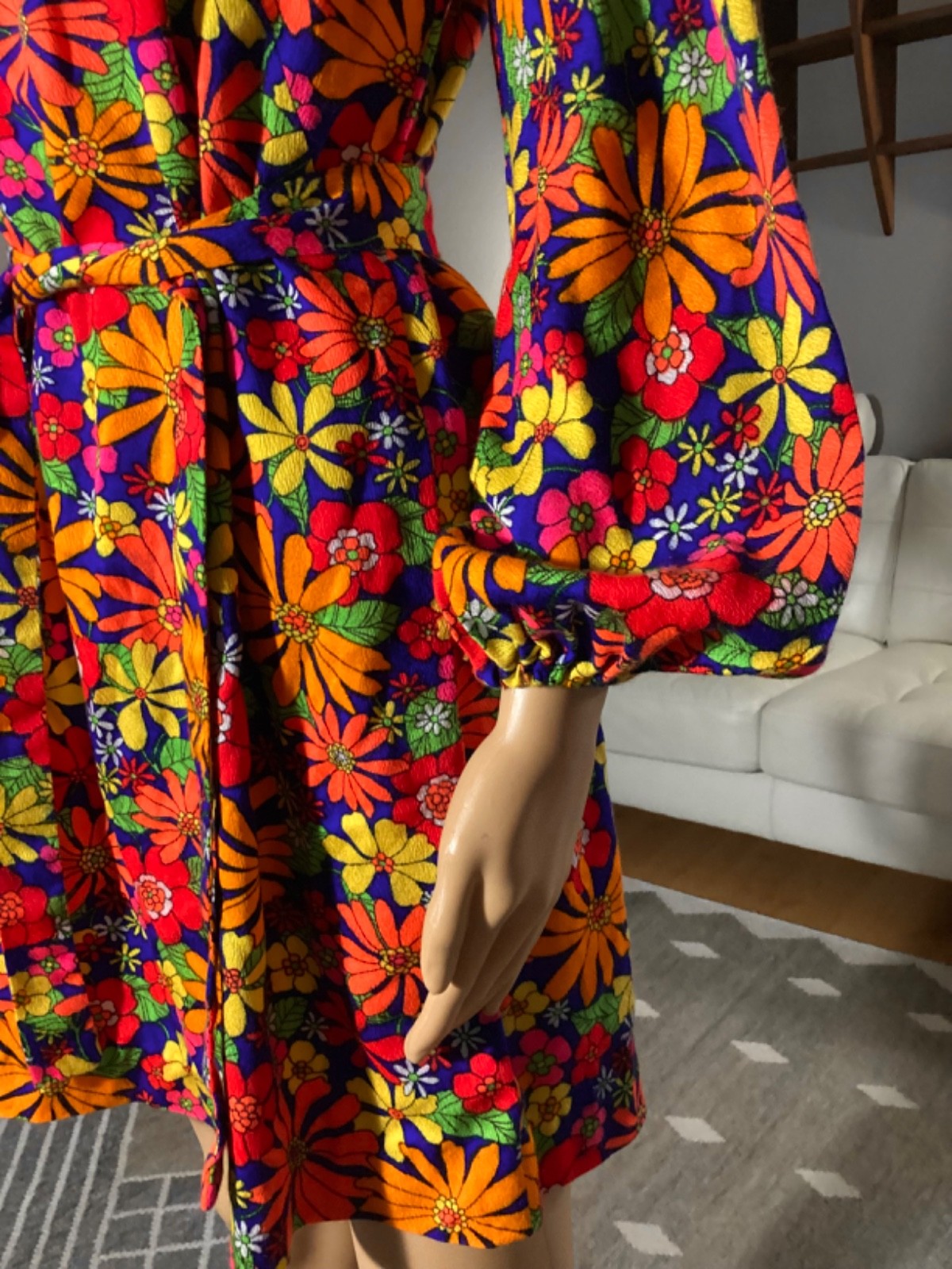 Vintage 60’s Psychedelic Belted Mini Dress Flower Power Floral Hippy Mod Go-Go
