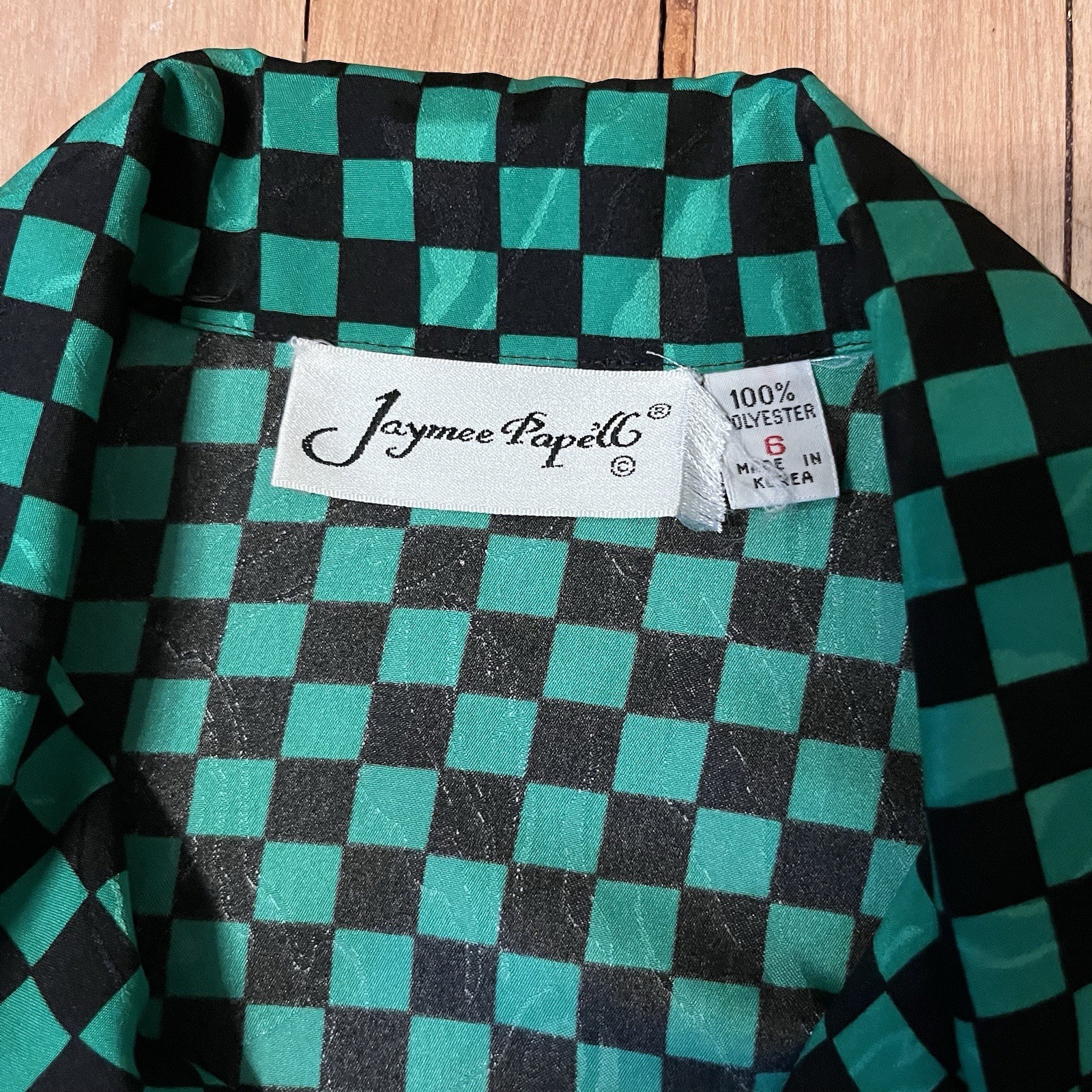 Jaymee Papell Vintage 80’s Green Checkered Dress Cinch Waist Sz 6