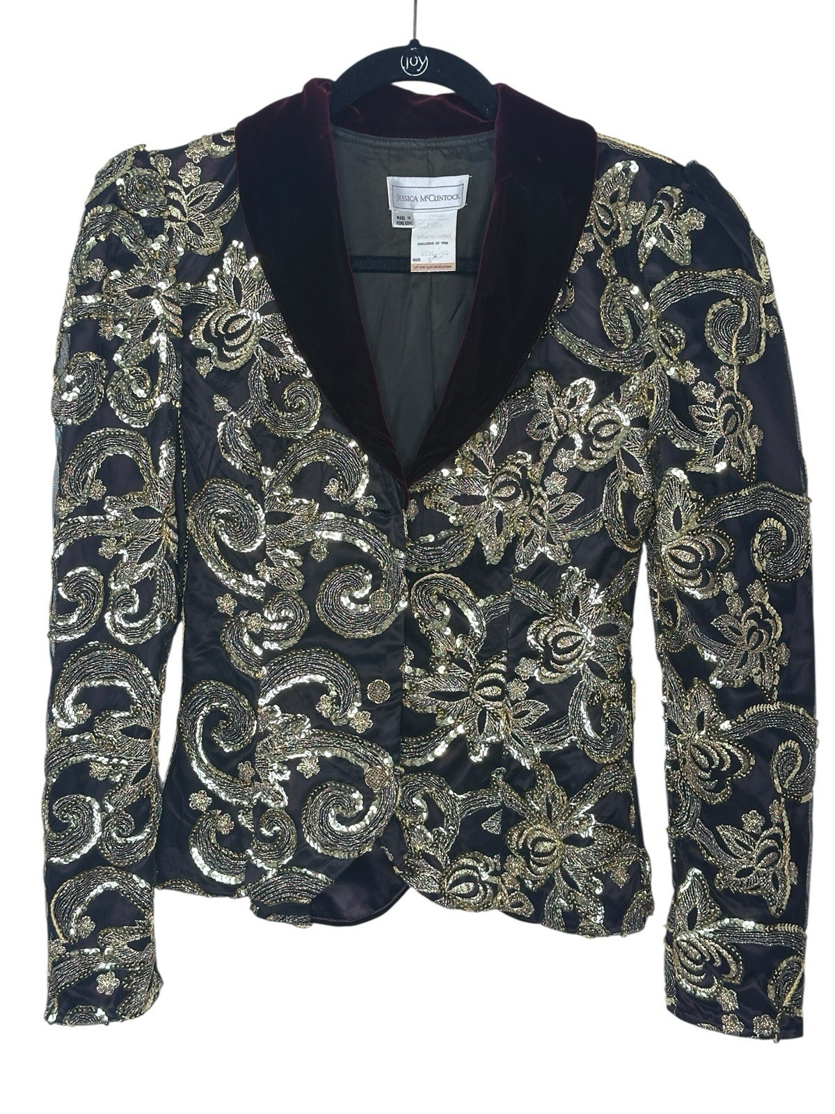 Jessica McClintock GOLD Metallic Sequin Velvet Bow Blazer Large 80’s Burgundy 3