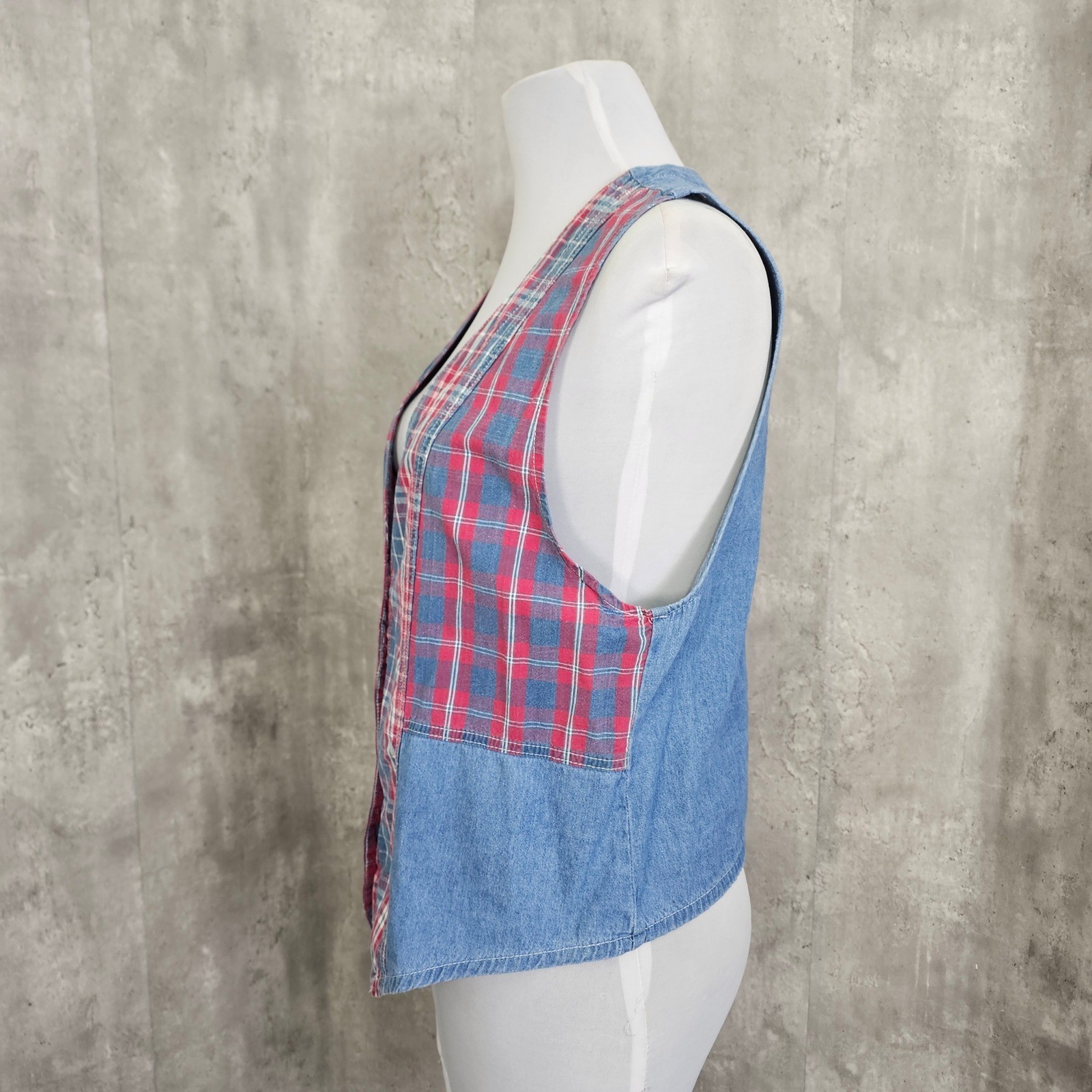 Vintage Stampede Denim Plaid Vest USA 90s Western Patchwork Button L
