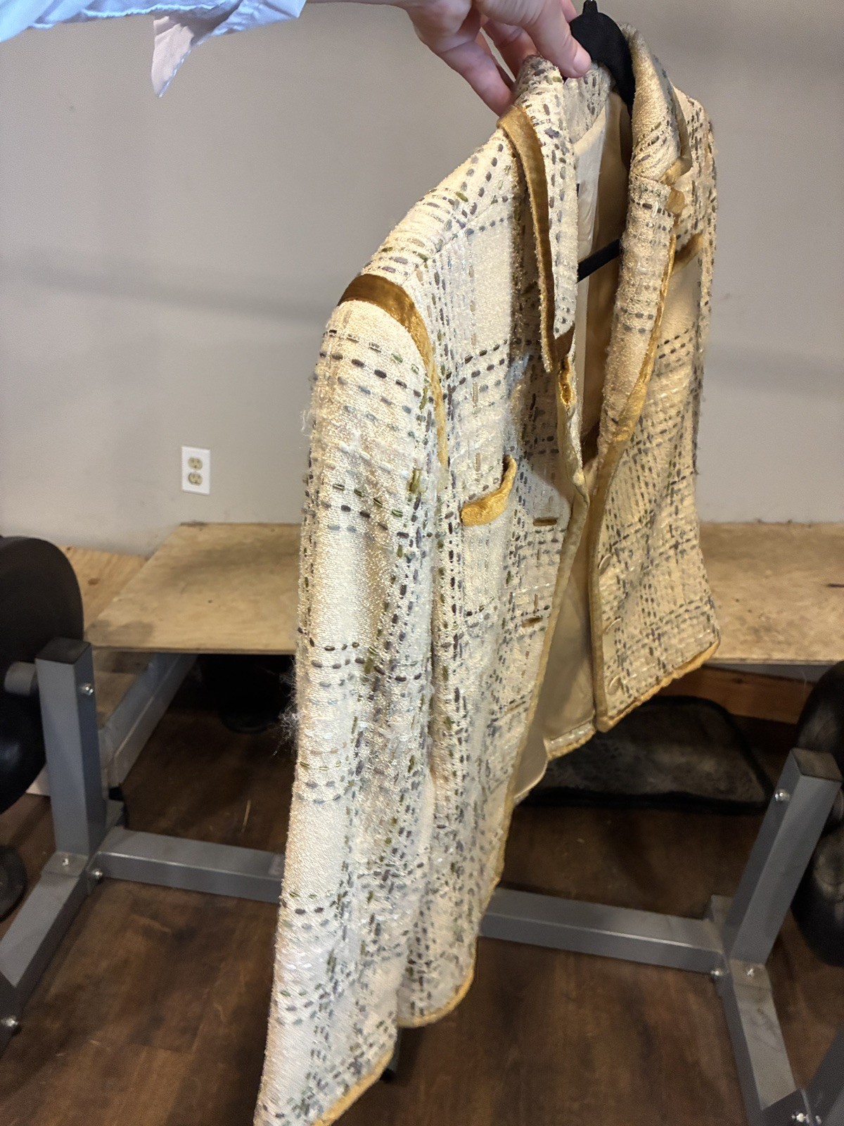 Douglas Hannant Vintage Cream Gold Tweed Blazer Jacket Velvet Trim USA Sz 8