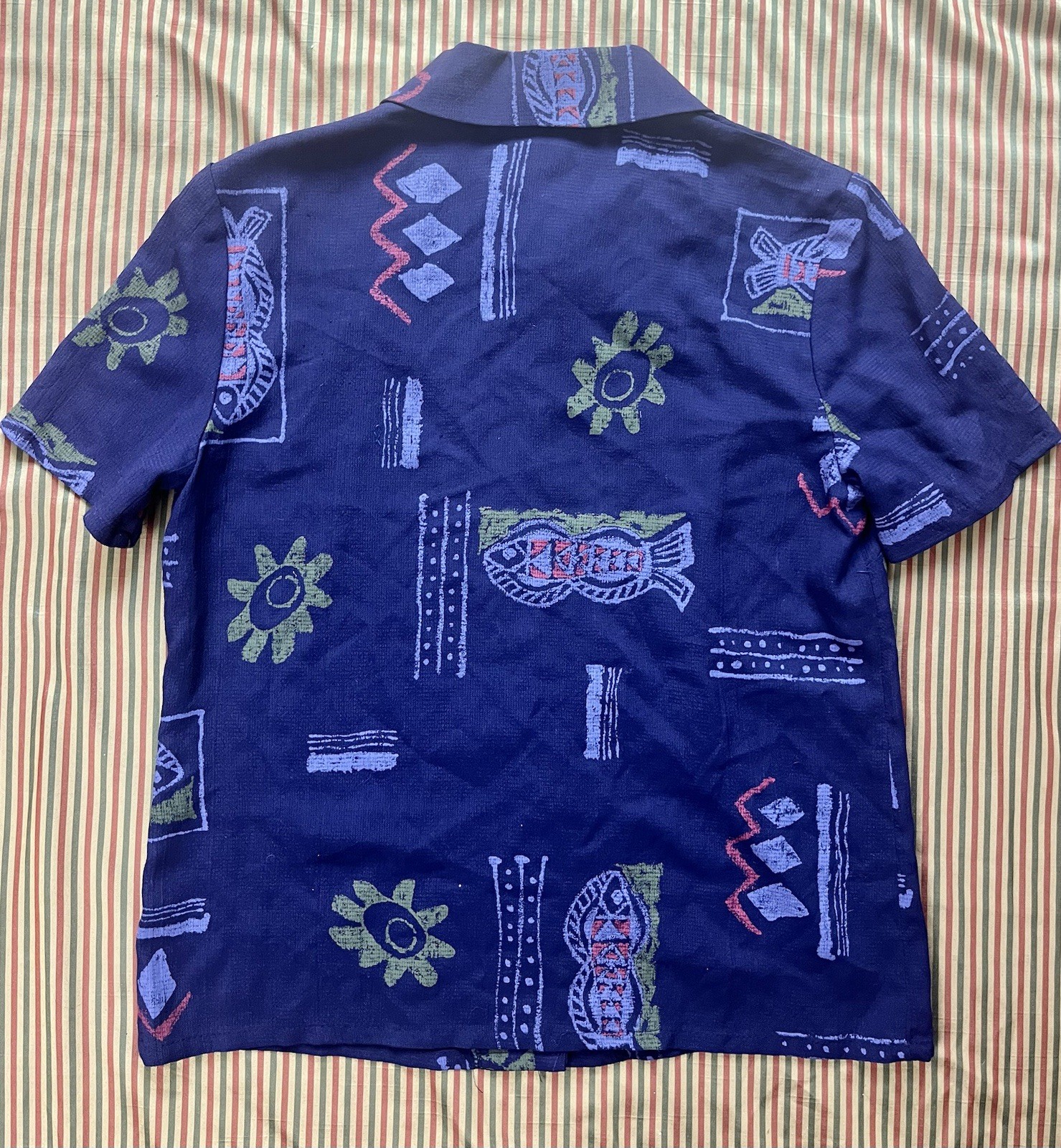 Vintage Another Thyme Purple Blouse Rayon Acetate Art Deco Fish Print 80s USA S