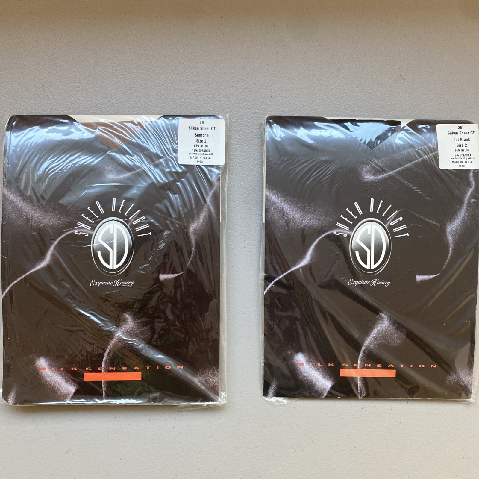 Vtg 1970S SHEER DELIGHT EXQUISITE PANTY HOSE Jet Black & Suntone 2 Pair NOS SZ 2