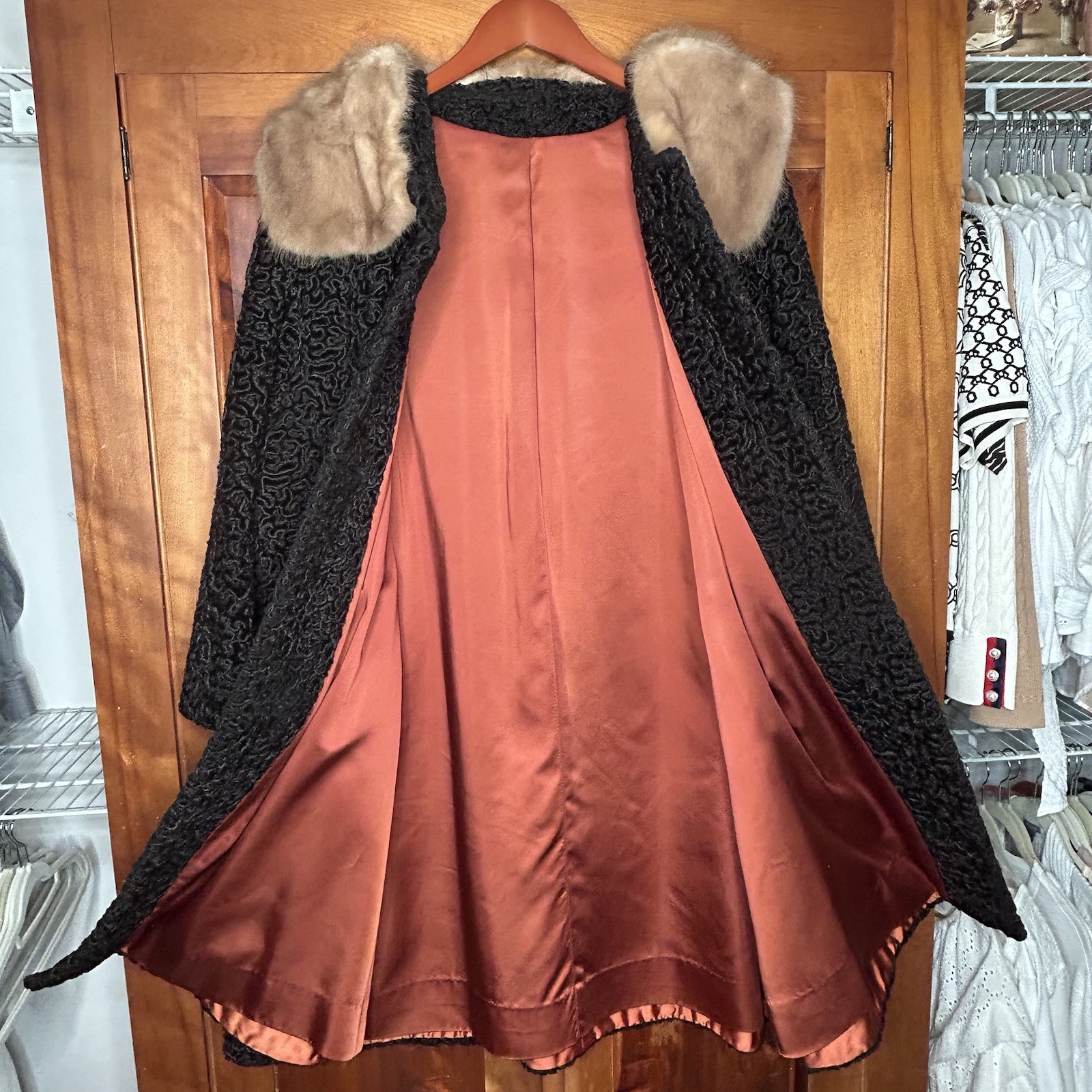 Vintage Astrakin Lepshire Longline Curly Persian Lamb Wool Coat with Mink Fur XL