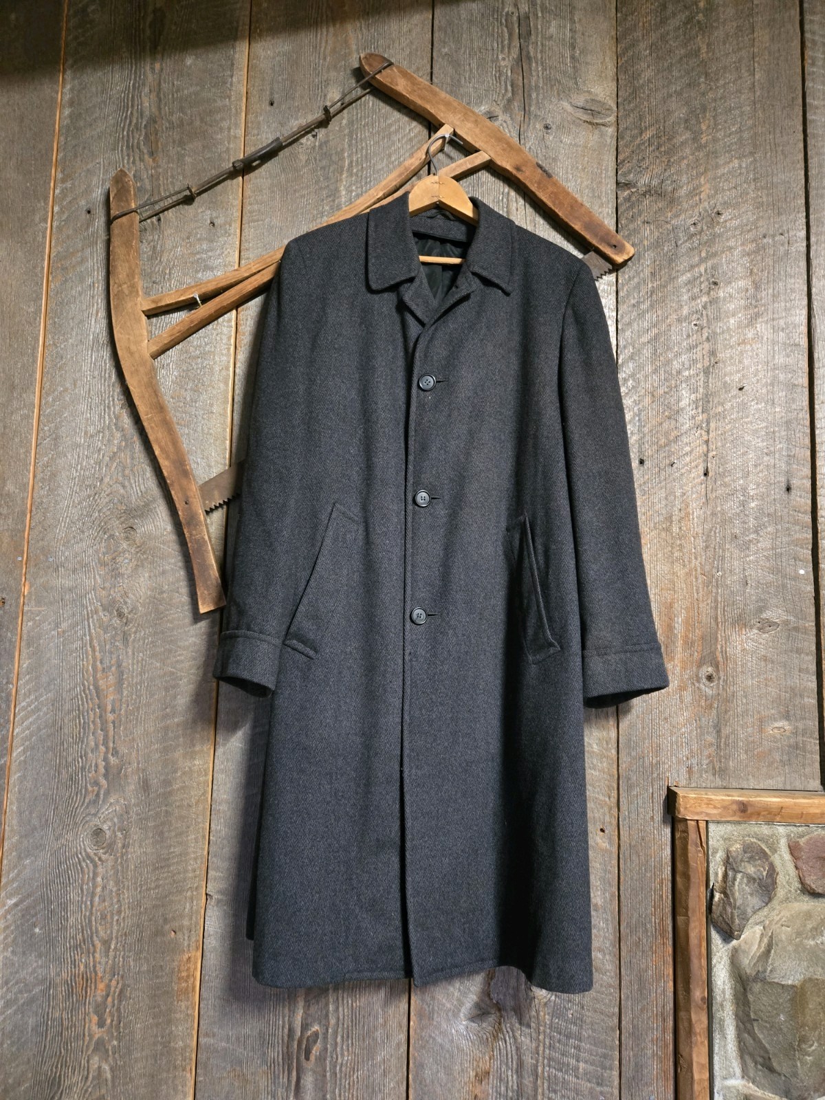 Vintage 40s/50s/60s Scottish Wool Herringbone Tweed Trench Coat M Charcoal Gray
