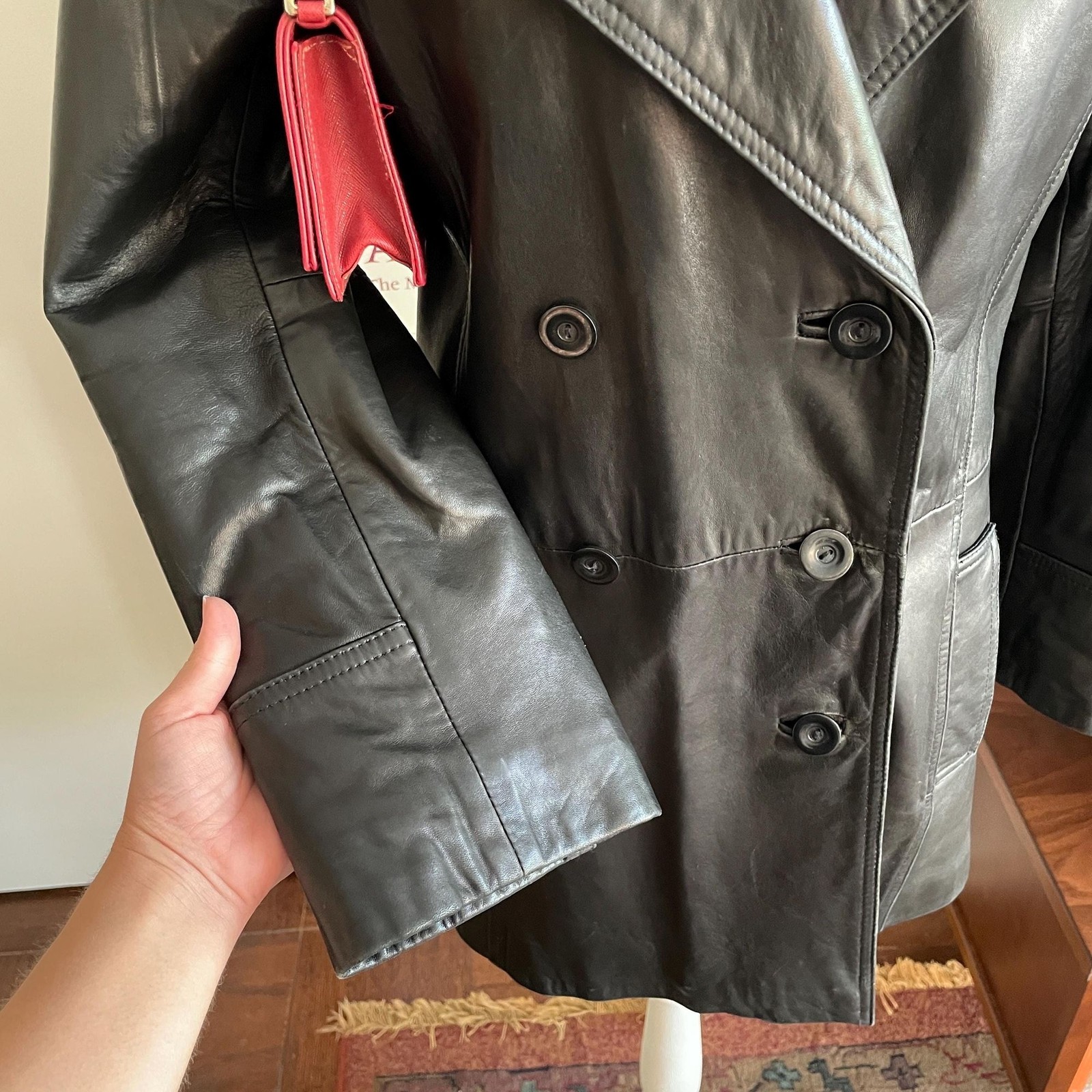 Vintage 90s Black Genuine Leather Coat Small Double Breasted Trench Grunge Goth