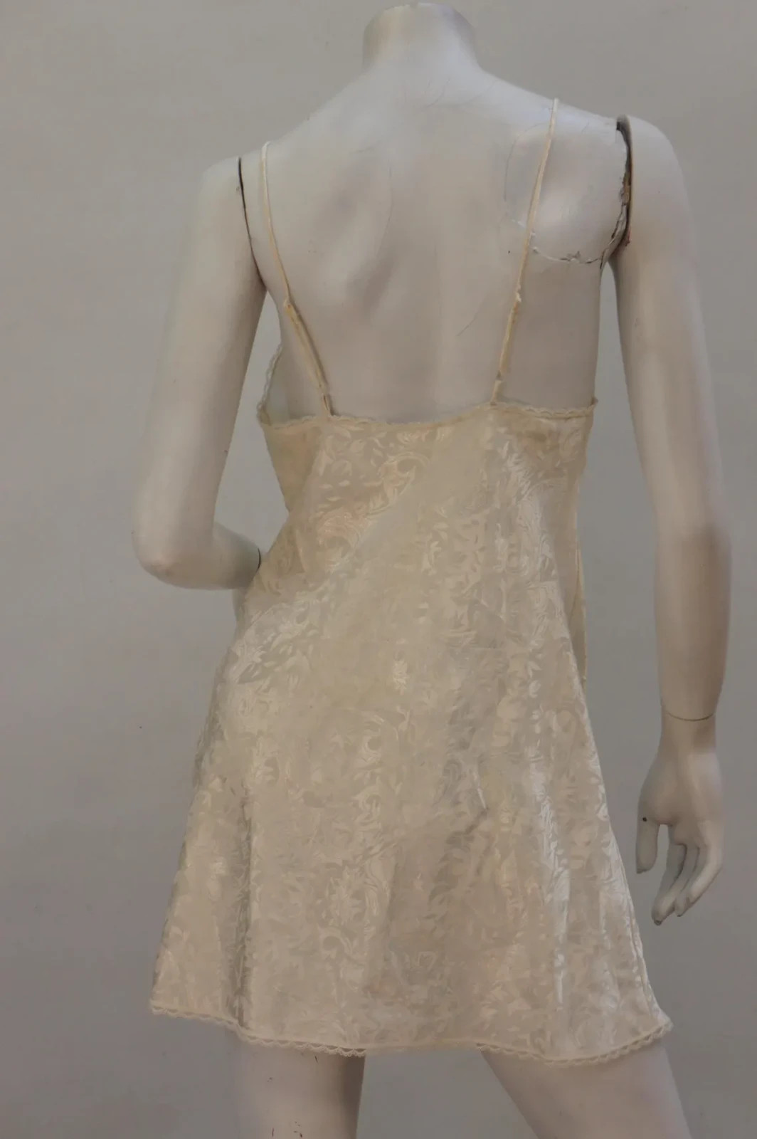 Vintage Creme Damask Print Short Satin Slip Dress By LA II Negligee Lingerie