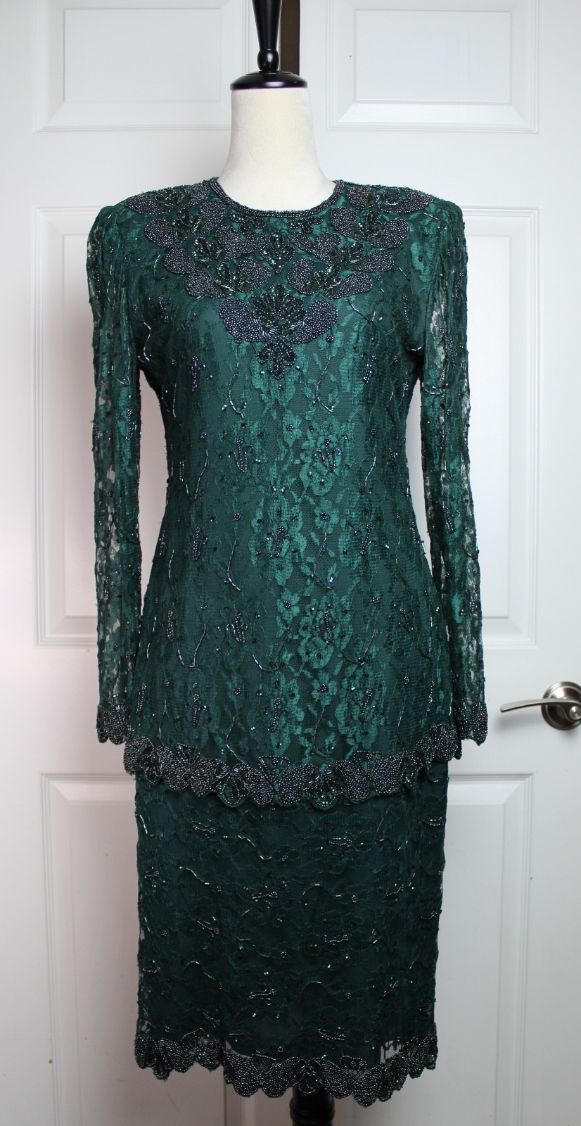 VTG Brilliante by J.A. Emerald Green Beaded Lace Evening Midi Dress Tiered Sz SM