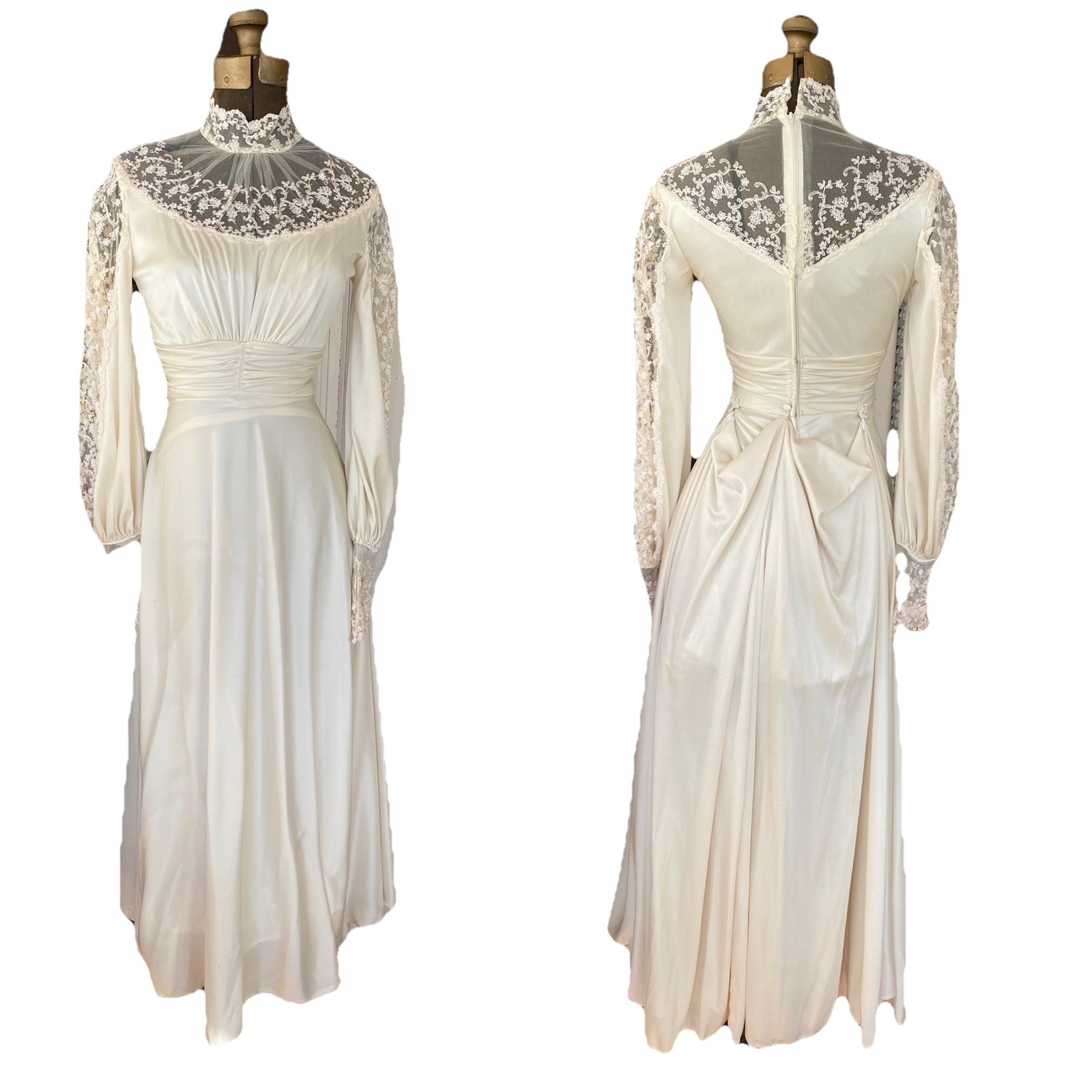 Vintage Wedding Gown Dress Cream Ivory Lace 1970s Embroidered Off White