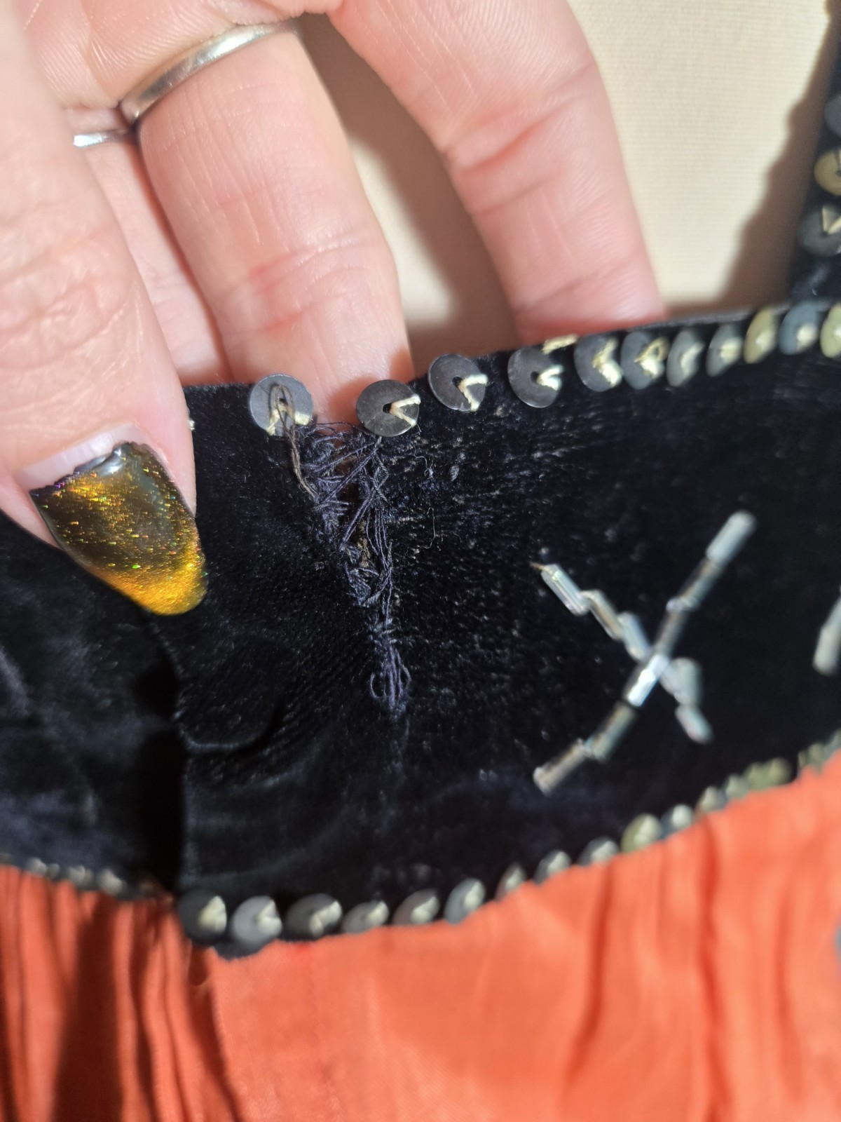 Vtg 1920s 1930s Orange Cotton/Silk Beach Pajamas Romper Velvet Sequin