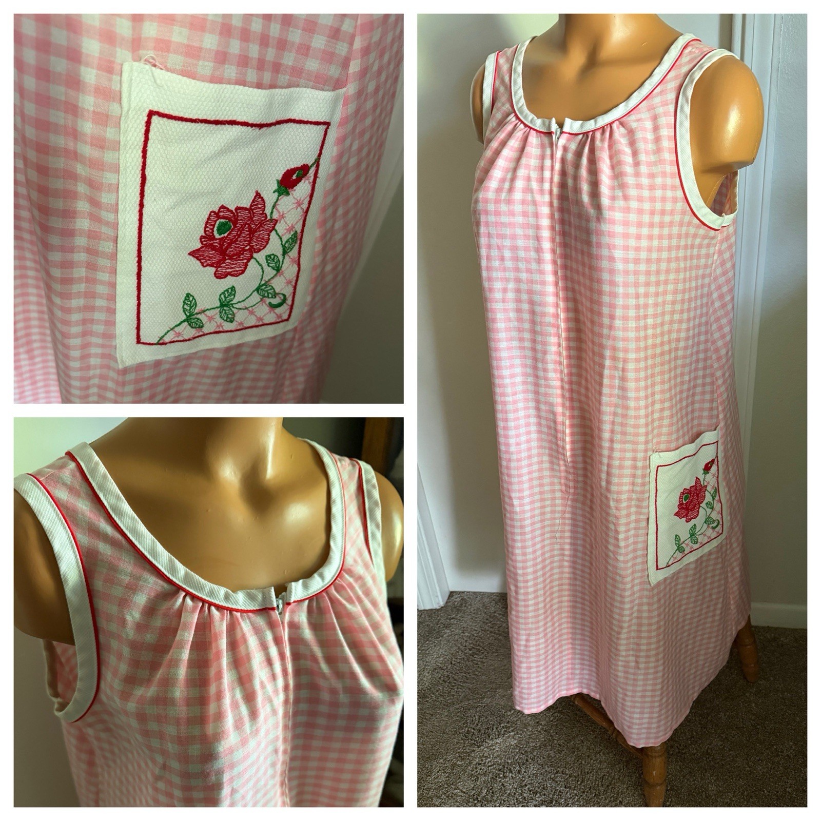 VTG 70’s KOMAR PINK CHECK W/EMBROIDERED POCKETS COTTON BLEND ZIP-UP LOUNGER SZ M