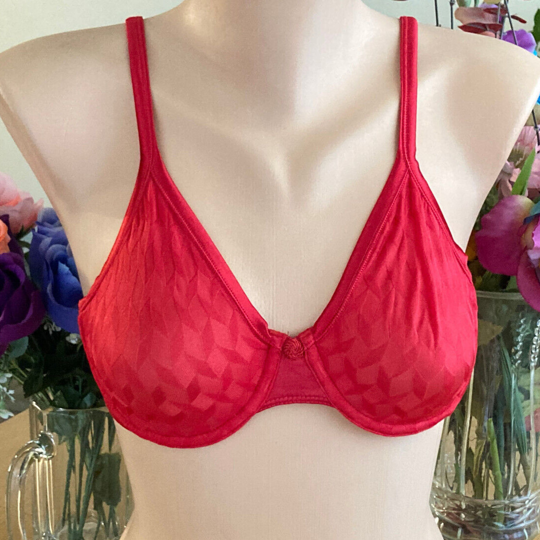 623 Warner’s 34C RED Satin Diamonds Semi Sheer Underwire Bra #2587 VINTAGE