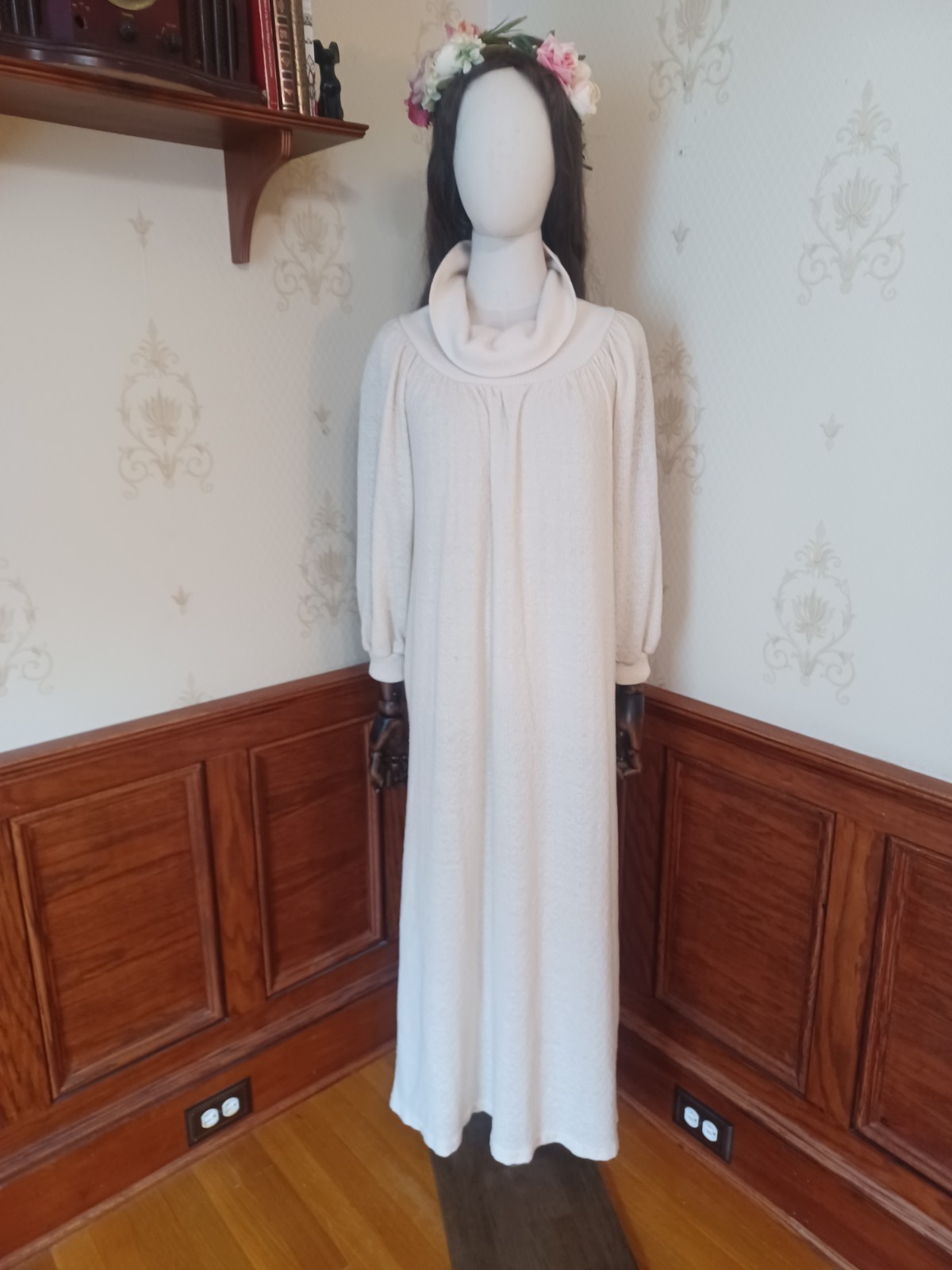 Vintage 1970s R. Michael Allen Ivory Boho Prairie Cowl Neck Knit Hostess Dress
