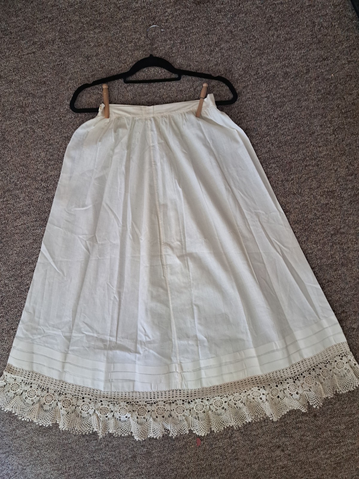 Antique Edwardian White Cotton Petticoat w Hand Made Lace waist 26″ length 35″