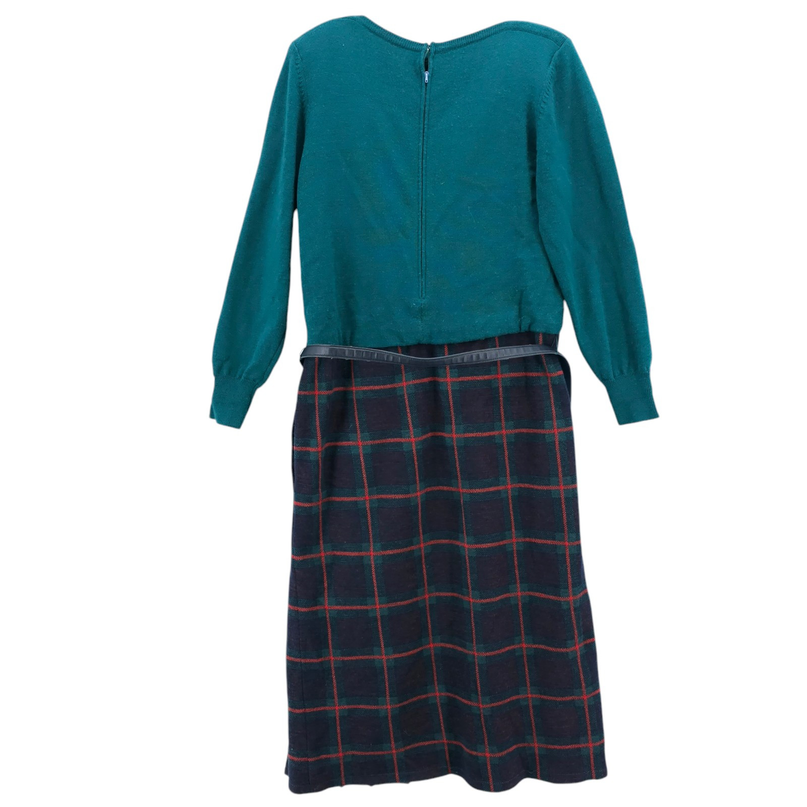 Vintage 80s Ciao Ltd 100% Pure Wool Sweater Dress Plaid Pleated Scarf Size 14