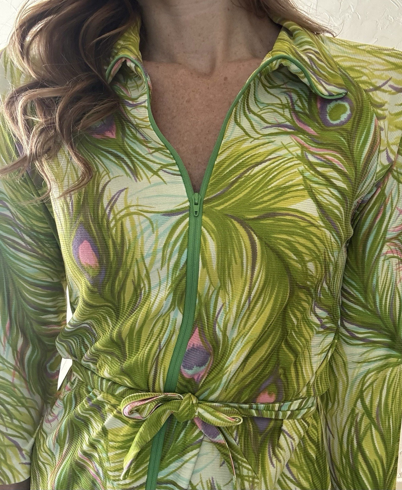 Vintage Early 1970s Peacock Feather Print Jersey Lounge Dress Paulette