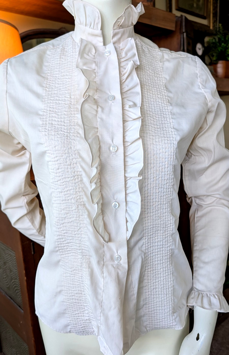 Vtg 70s 80s Off White Ruffled Lace Blouse Victorian Prairie Secretary M