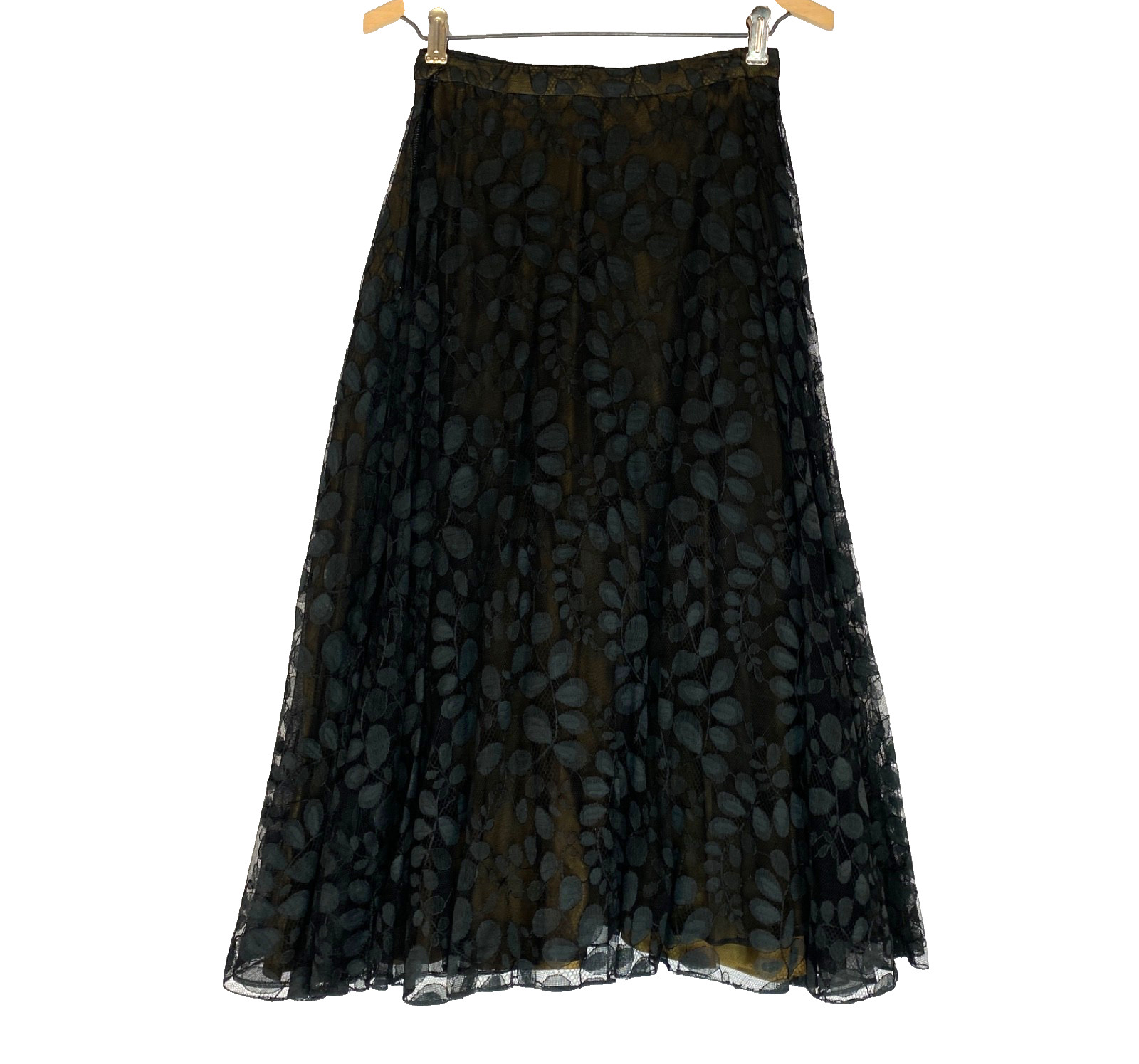 Vintage 1950s black lace midi skirt XS green chartreuse satin high waist pin-up