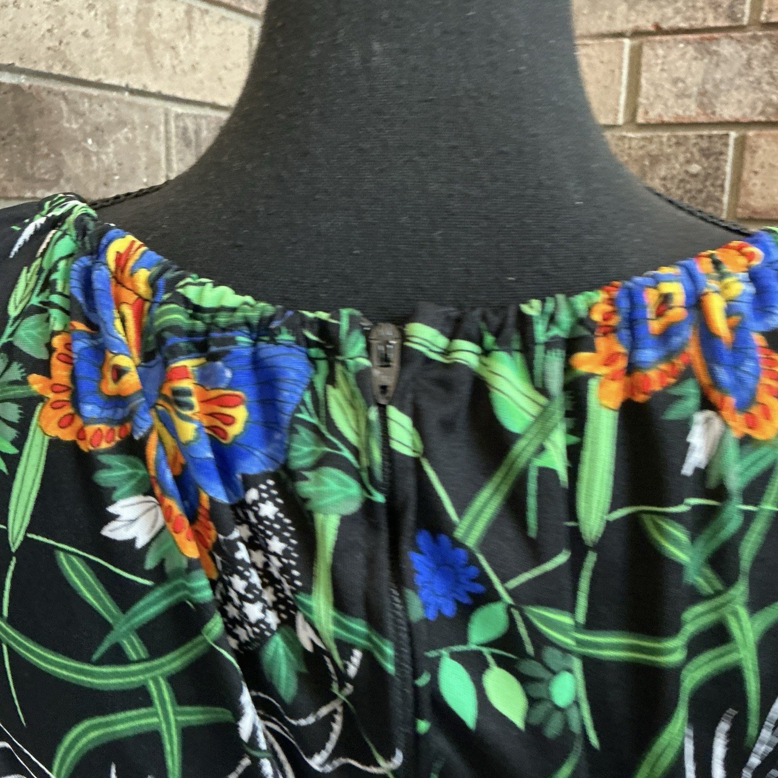 70s VINTAGE Yves Jennet Tropical Floral Midi Dress Size 14 Black Butterfly #6D6
