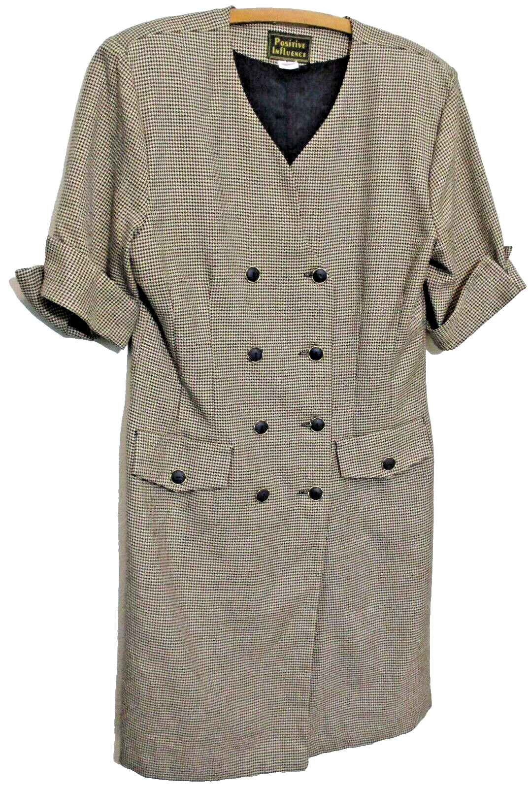 Vintage Positive Influence Tan/Black Check Shoulder Pads Work Wear Dress 12 EUC