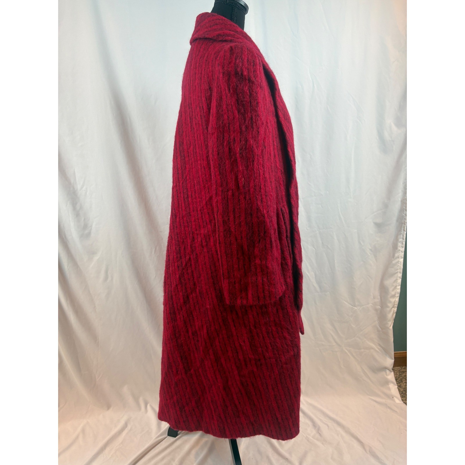 Vintage Pauline Trigere Red Black Stripe Mohair Wool Maxi Coat Scarf Collar 10