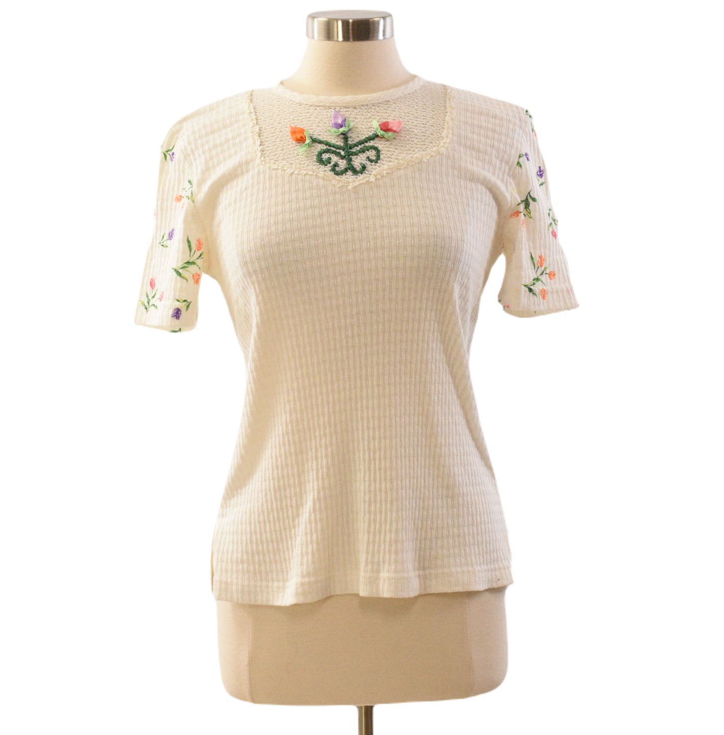 90s Lacy Afternoon White Floral Ribbon Knit Scoop Neck Top S USA