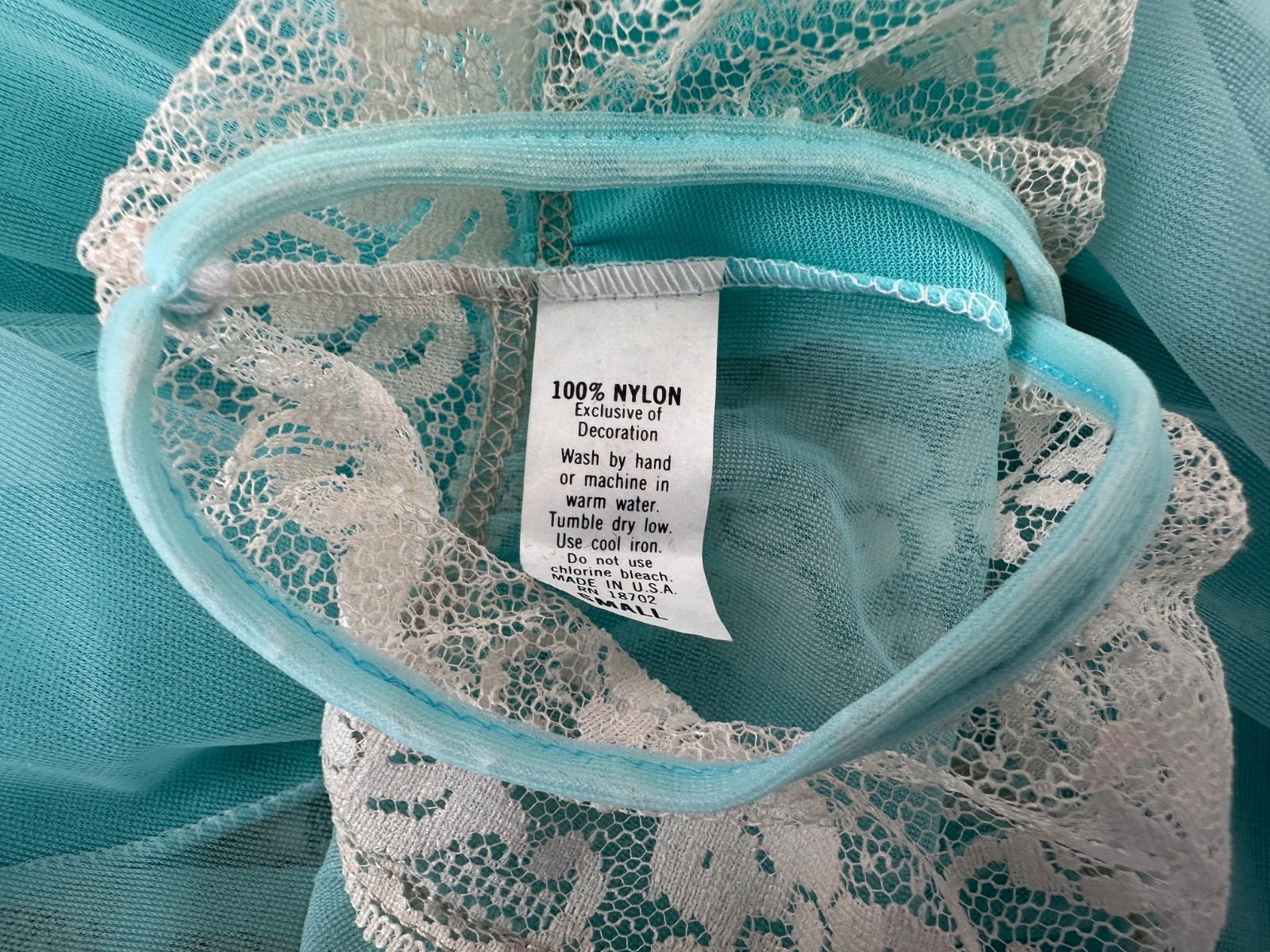Vintage 1970s Turquoise Blue Nylon and Ivory Lace Nightgown