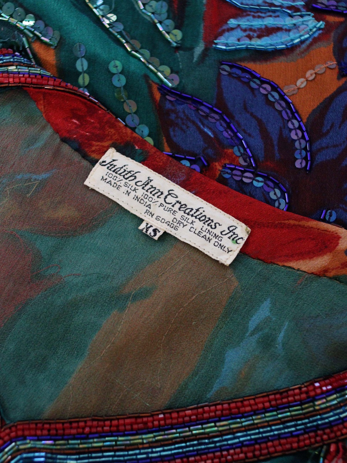 VTG Judith Ann Creations Silk Bohemian Beaded Sequined Blouse Skirt Set Emerald