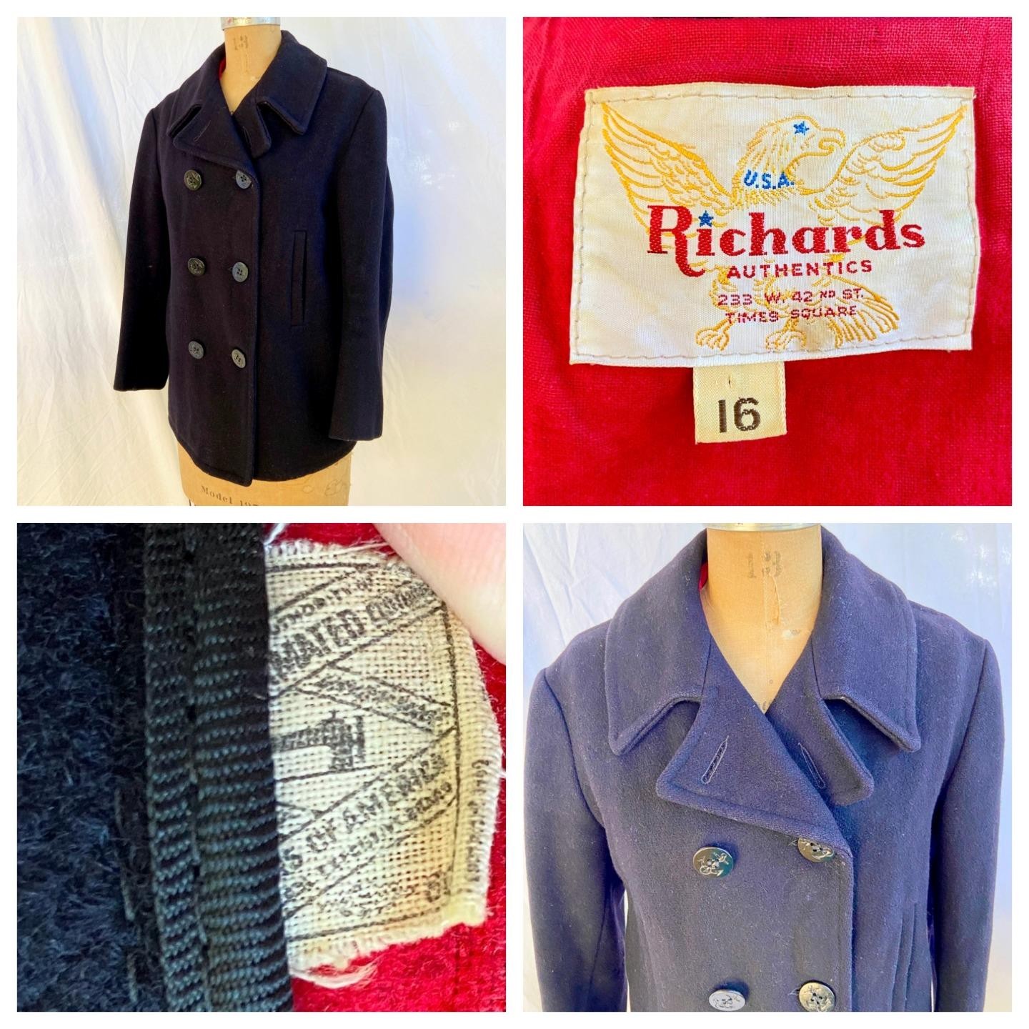 vtg 50s 60s RICHARDS AUTHENTIC Navy Blue Wool Pea Coat Jacket Anchor Buttons 16
