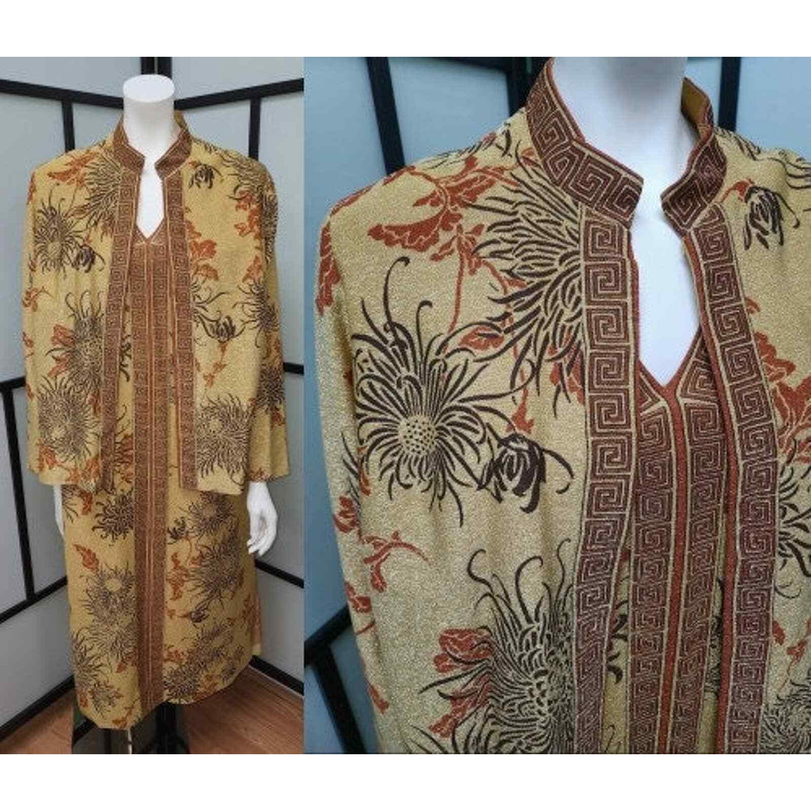 Vintage 70s Long Gold Metallic Floral Maxi Dress Matching Jacket Boho XL