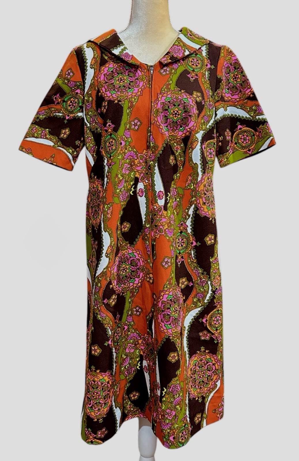 Vintage 70s Retro Mod Psychedelic Shift Dress Poly Knit Handmade Womens L *Glows