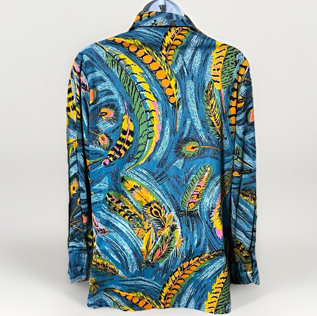 Vtg 1970’s Blue Peacock Feather Print Button Up Blouse Size 10 Retro Disco Mod