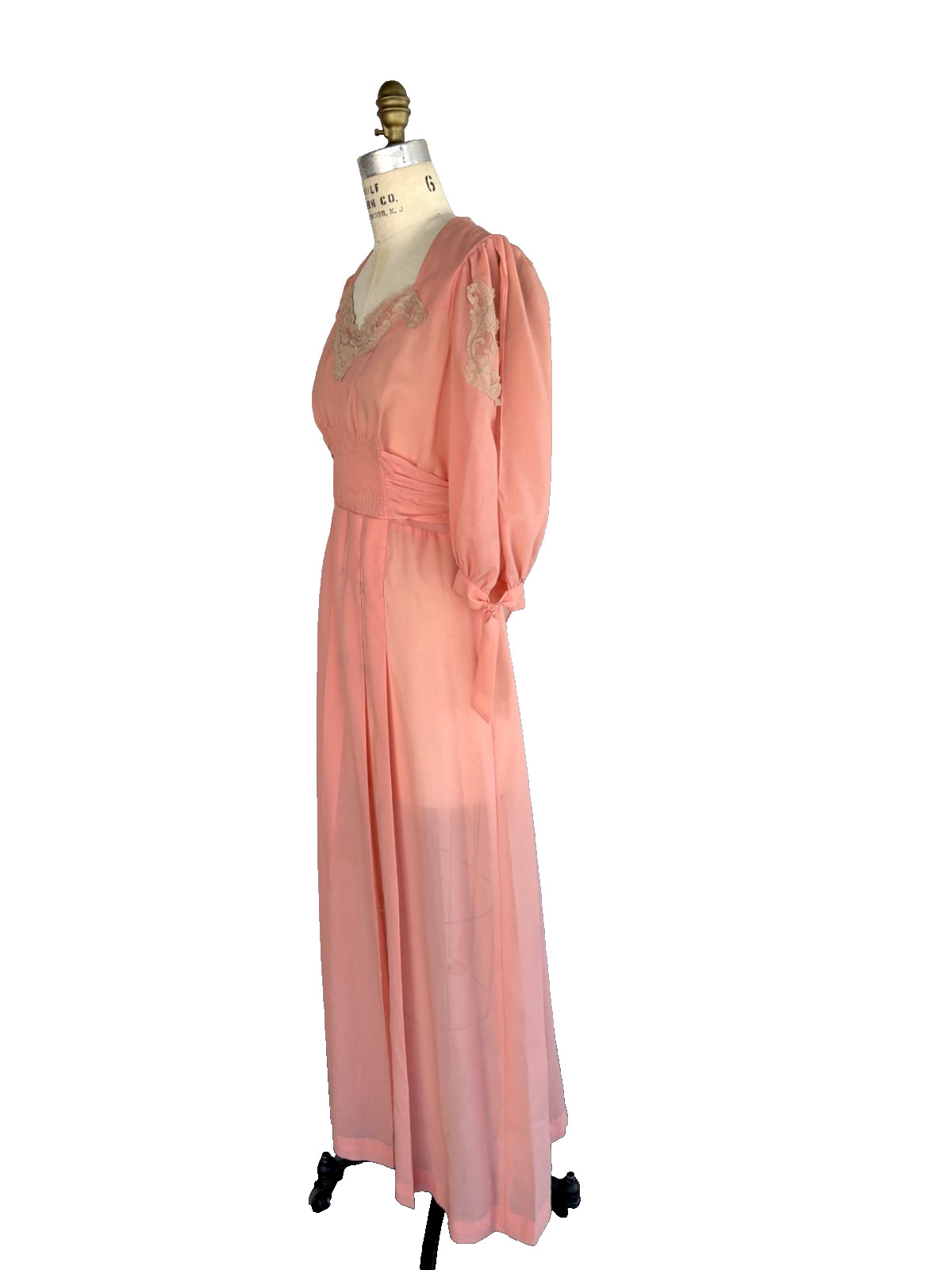 Vintage 70s Malibu Media Peach Lace Maxi Dress Prairie Boho Smocked Waist