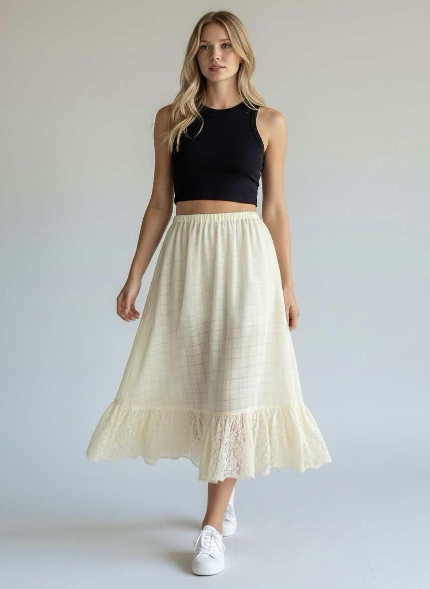 Gunne Sax 70s Vintage Semisheer Cream Lace Trim Midi Skirt Boho Cottage Prairie