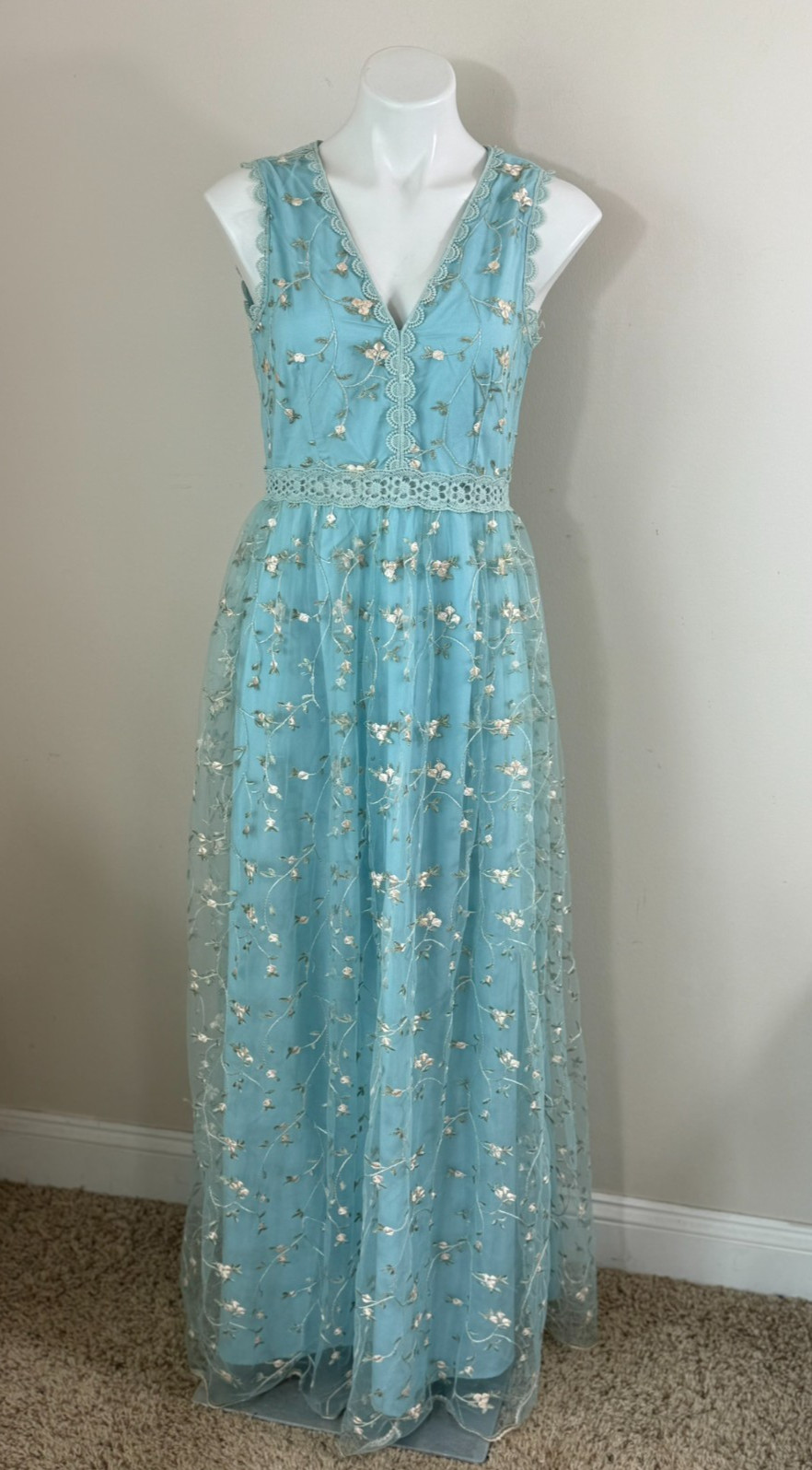 Fairycore Blue Embroidered Mesh Maxi Dress Women’s Large Cottagecore