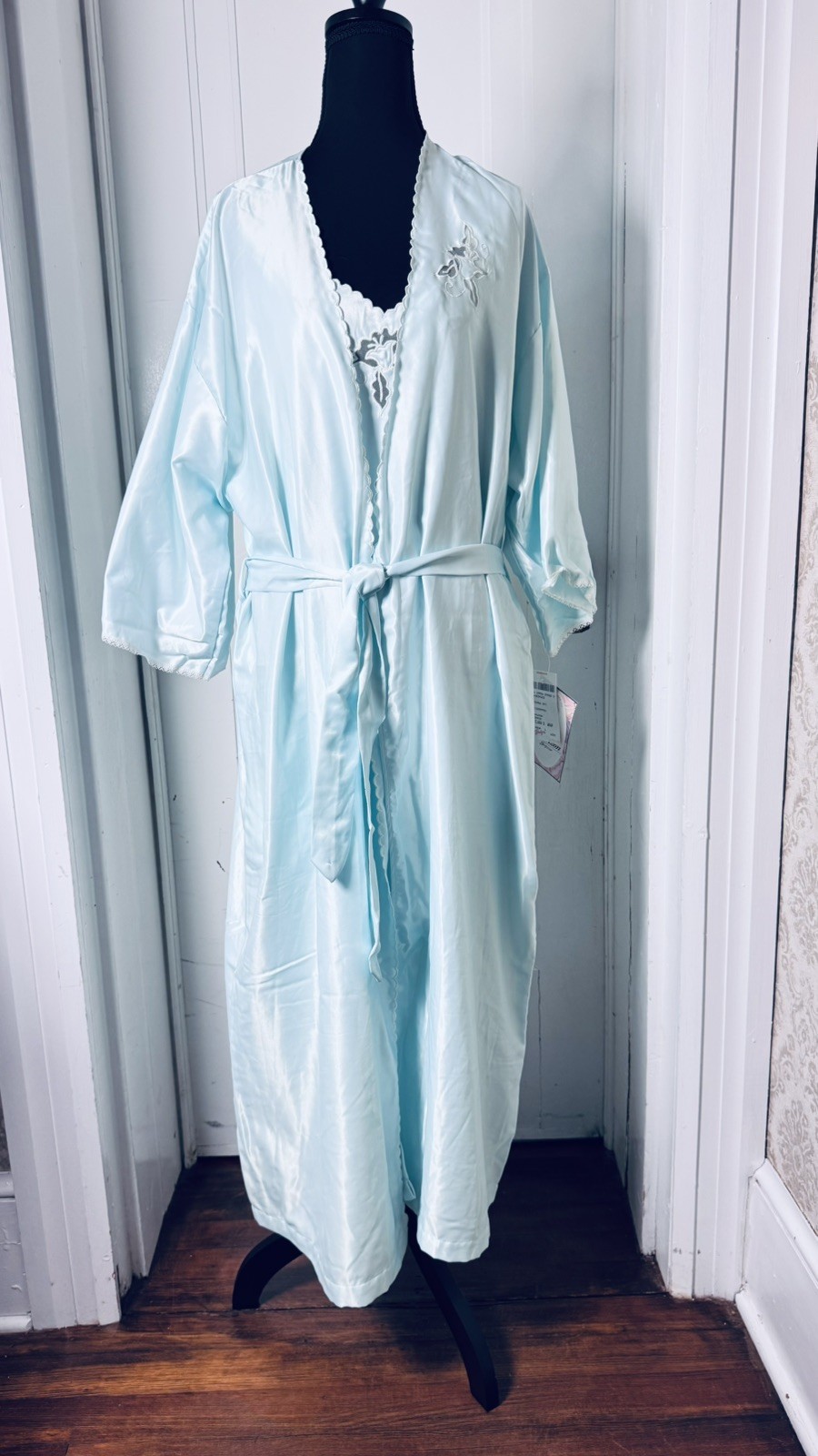Vintage Barbizon Aqua Robe & Nightgown Set NWT Large Satin Lace Trim 80s Boudoir