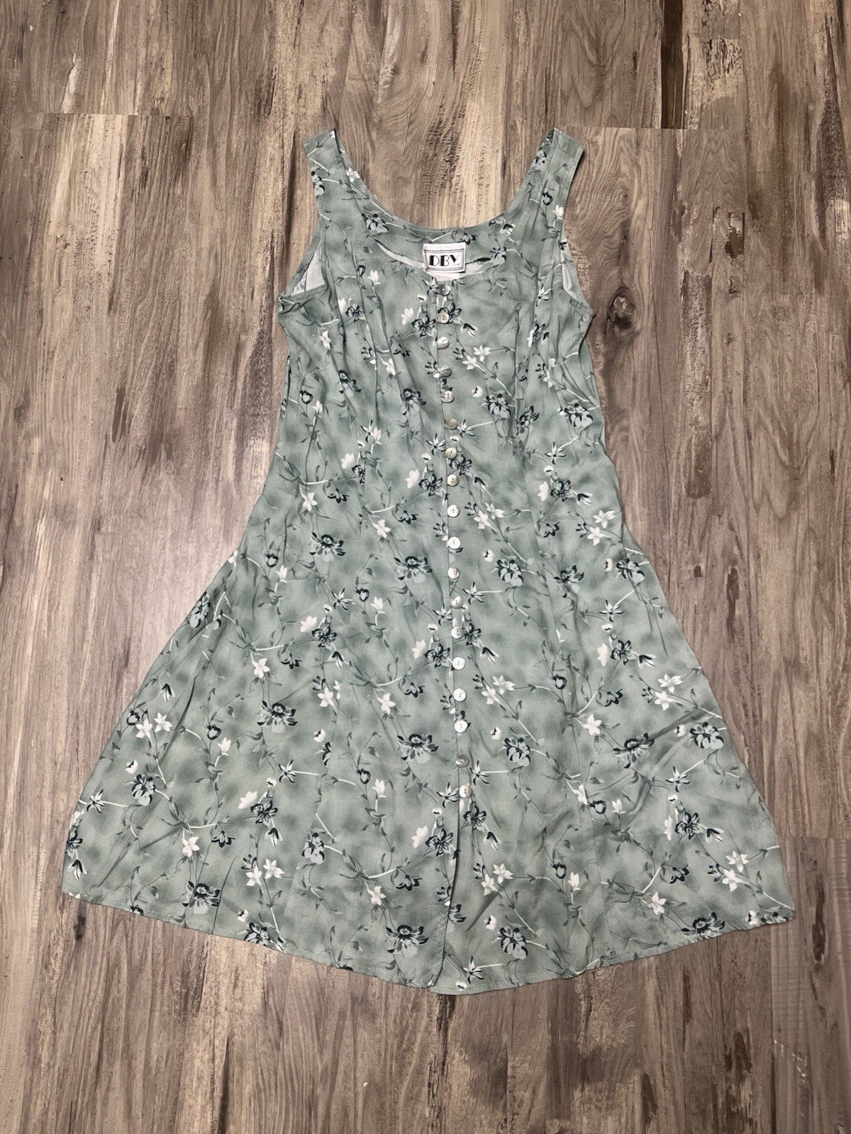 Vintage 90s DBY Ltd Sage Green Floral Corset Lace Up Back Dress Rayon Midi 11/12