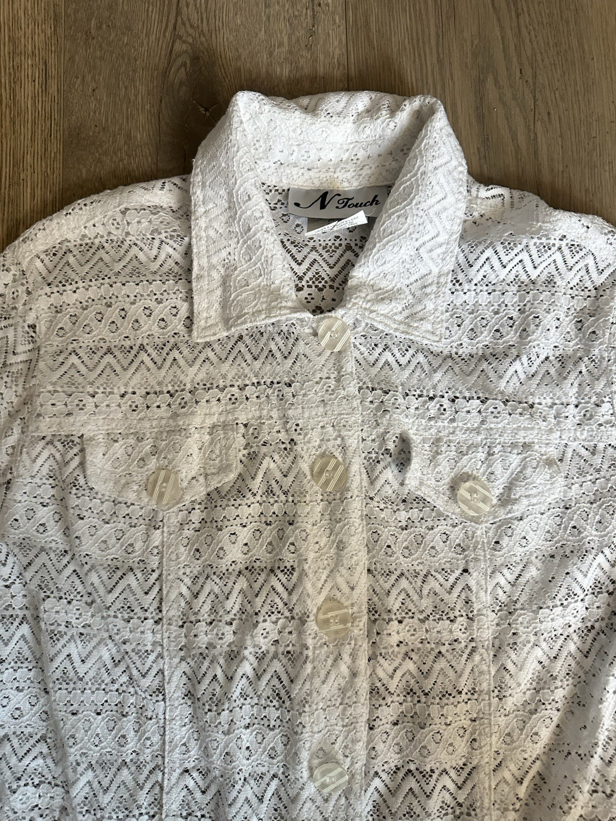 Vintage N Touch White Lace Button-Front Blouse Sheer Boho Cottagecore Size L